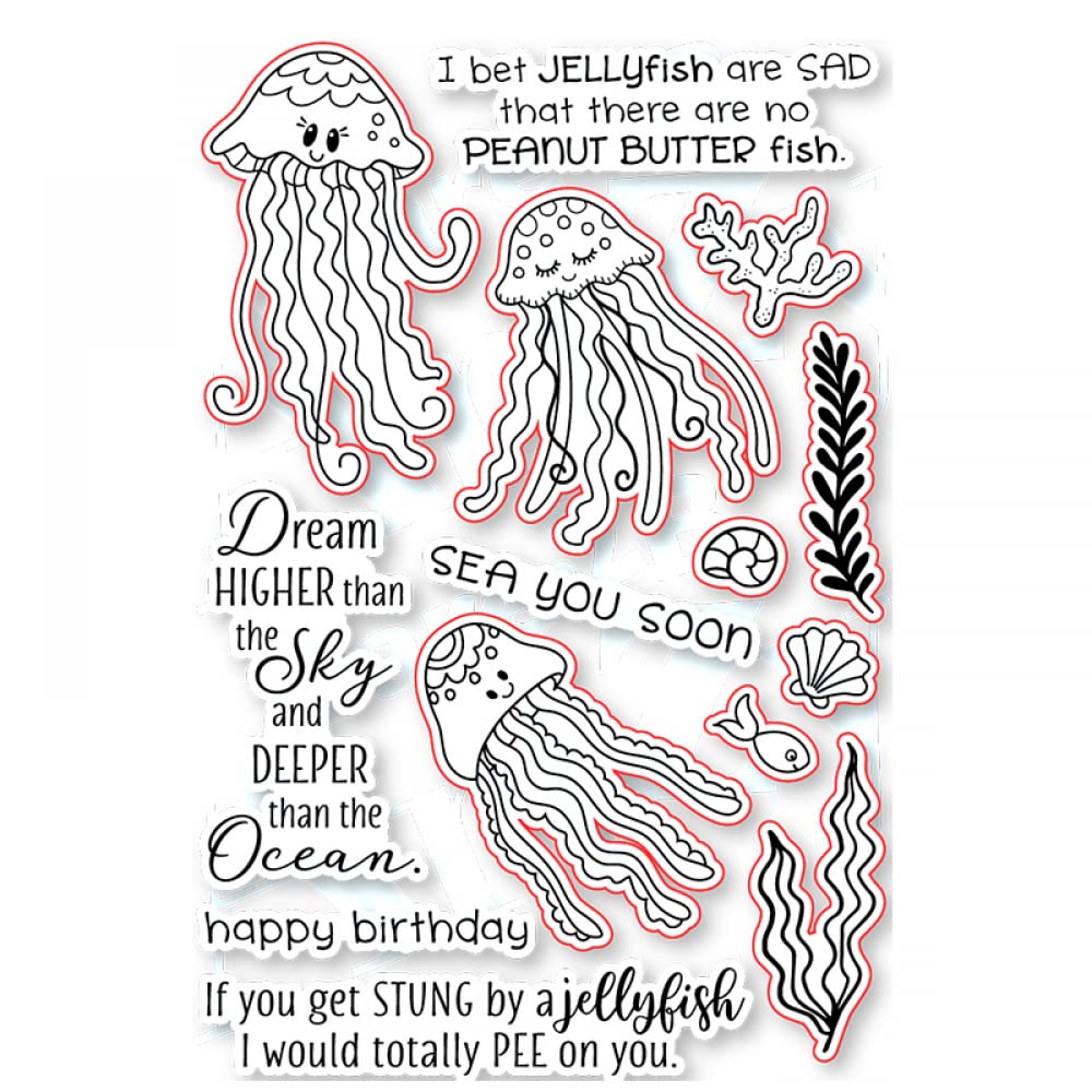 Jellyfish Conch Coral Fish Clear Stamps & Metal Die Cuts Set for Card Making, Scrapbooking DIY - Ocean Theme Paper Crafting Supplies for Invitations, Journals, Greeting Cards