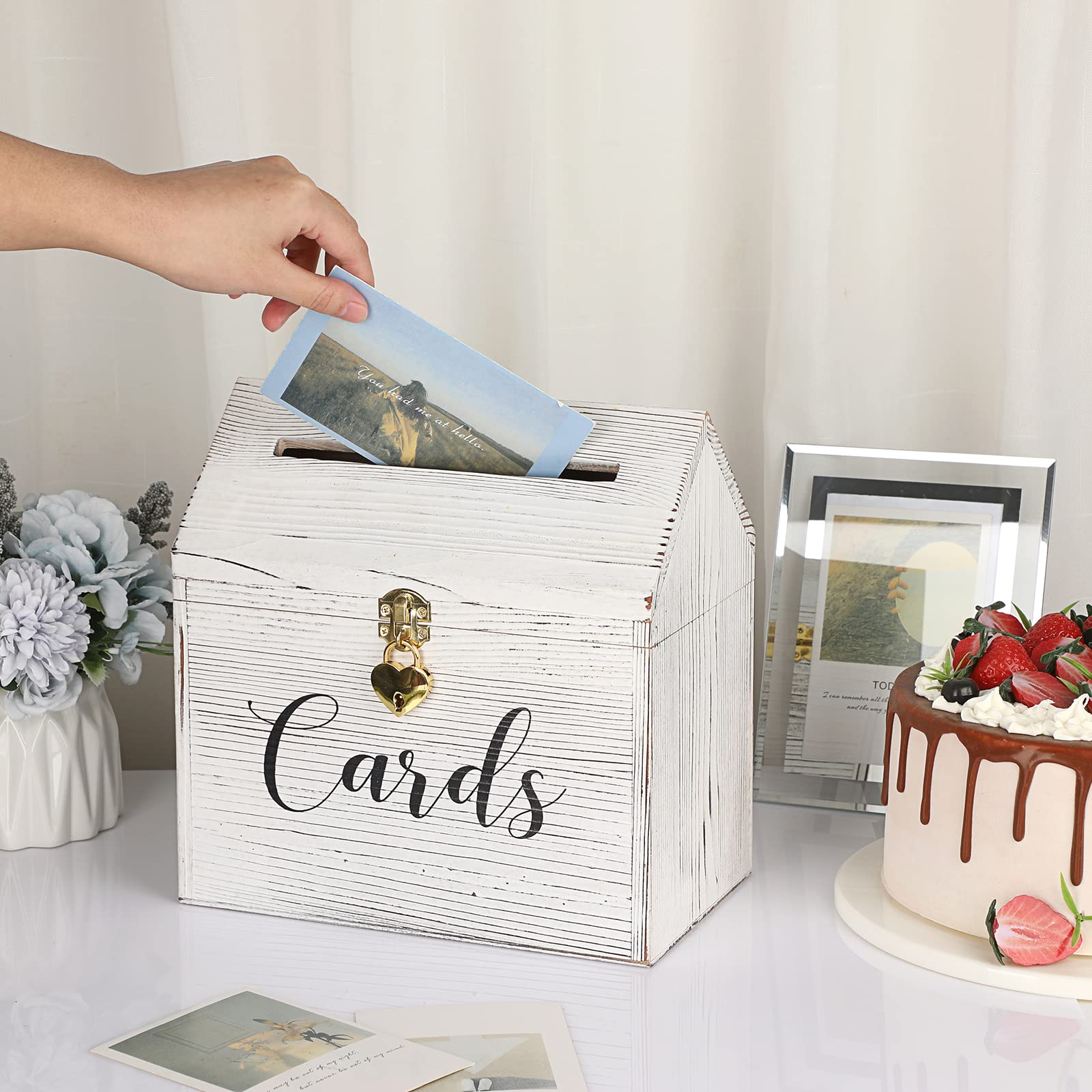SUMNACON Vintage Wooden Wedding Card Box with Heart Lock - Rustic Roof Design for Birthday, Anniversary & Reception - Elegant Gift & Envelope Holder for Wedding Parties, Bridal Showers & Special Events (White)