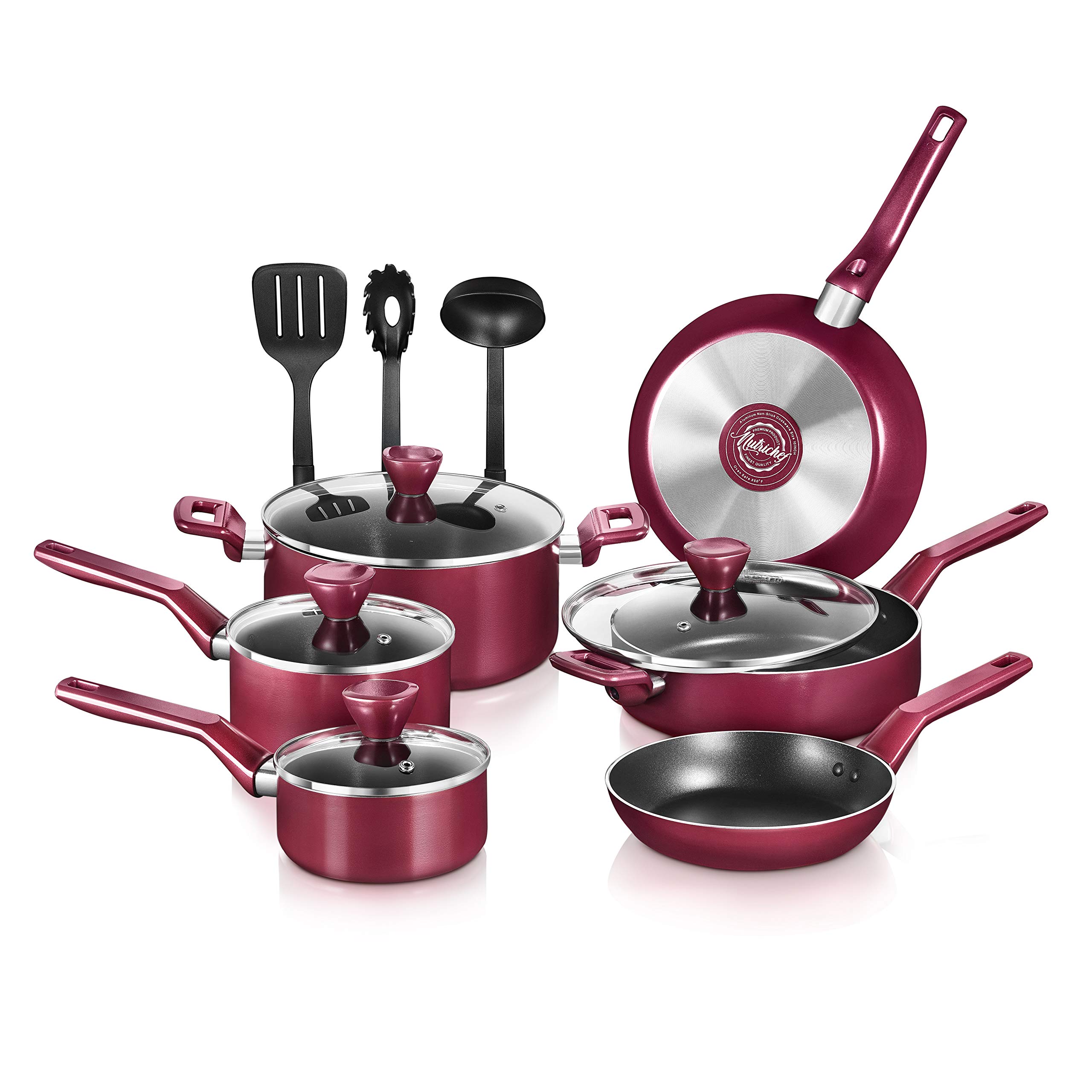 NutriChefKitchen 13-Piece Nonstick Cookware Set - PFOA-Free, PTFE-Free, PFOS-Free, Heat Resistant Pots and Pans with Saucepan, Frying Pans, Casserole Dish & Lids - Includes Ladle, Fork & Strainer for Everyday Cooking, Baking & Meal Prep