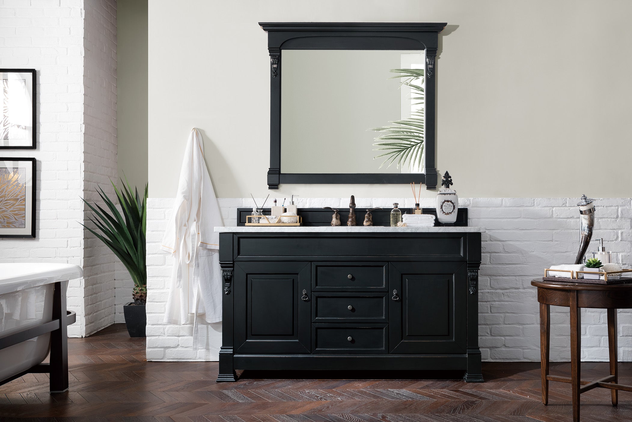 Brookfield 60 Inch Single Bathroom Vanity with Antique Black Finish & 3CM Carrara Marble Top - Perfect for Modern Farmhouse, Coastal, or Traditional Bathroom Designs