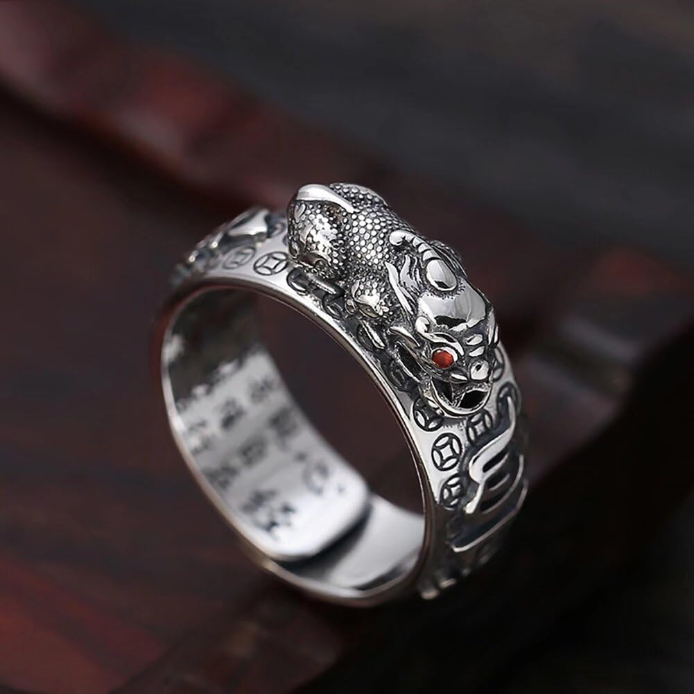 JUNTEN Feng Shui Pixiu Adjustable Ring for Men & Women - Tibetan Buddhist Wealth Lucky Charm Sterling Silver Open Ring - Perfect for Meditation, Gifts & Spiritual Protection