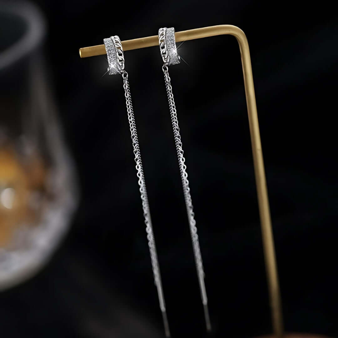 Silver Tassel Two Hole Link Chain Ear Cuff Earrings for Women | Boho Chic Jewelry for Parties, Weddings & Everyday Wear | R2772
