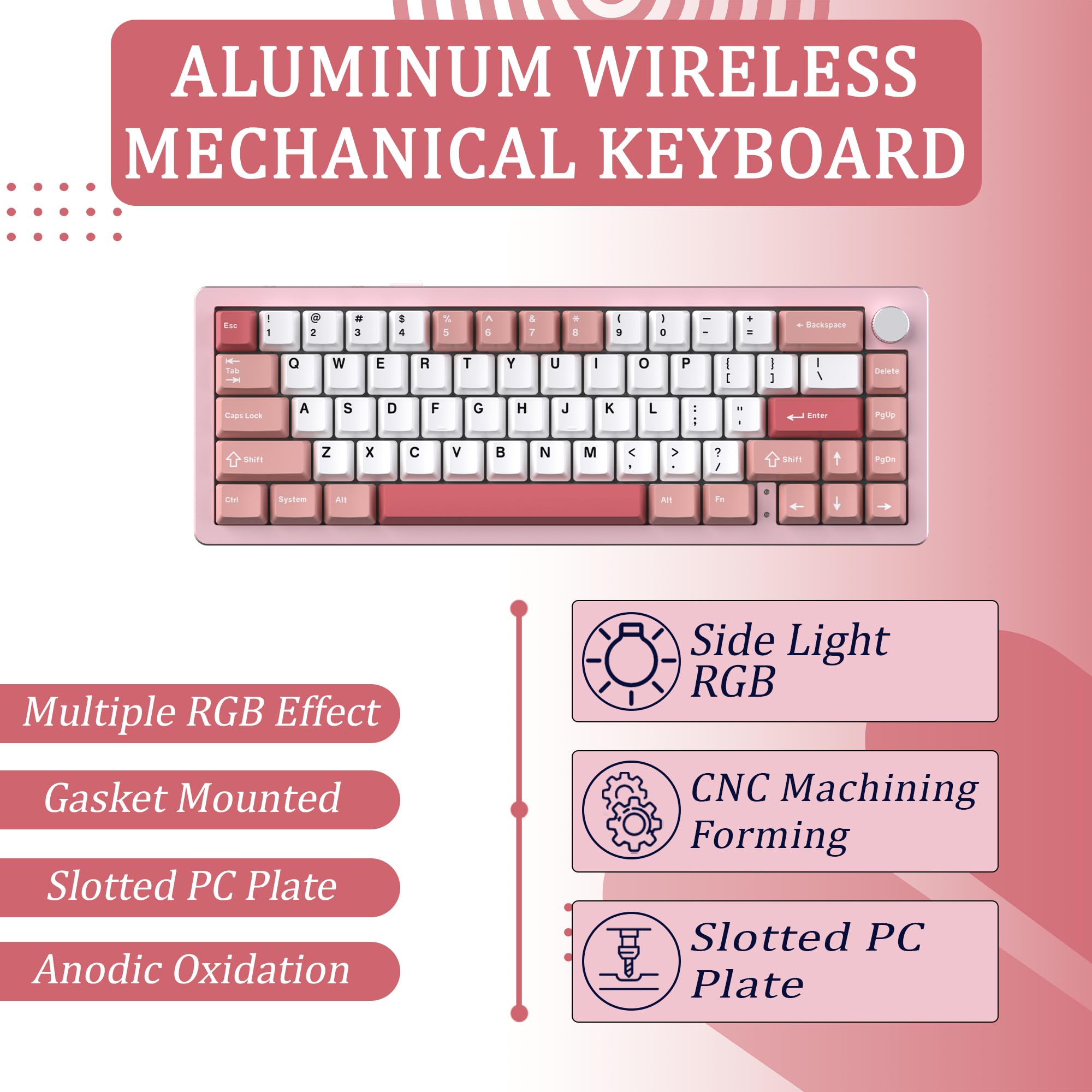 EMB Nabi Series NB1 65% Wireless Mechanical Gaming Keyboard - 66 Keys, CNC Aluminum Frame, RGB Backlit, Hot-Swappable Switches, 4600mAh Battery, Milk Linear Switches (Silver/Pink) - Wired/Bluetooth/2.4G Connectivity for PC, Mac, PS5, Xbox Gaming & Office Work