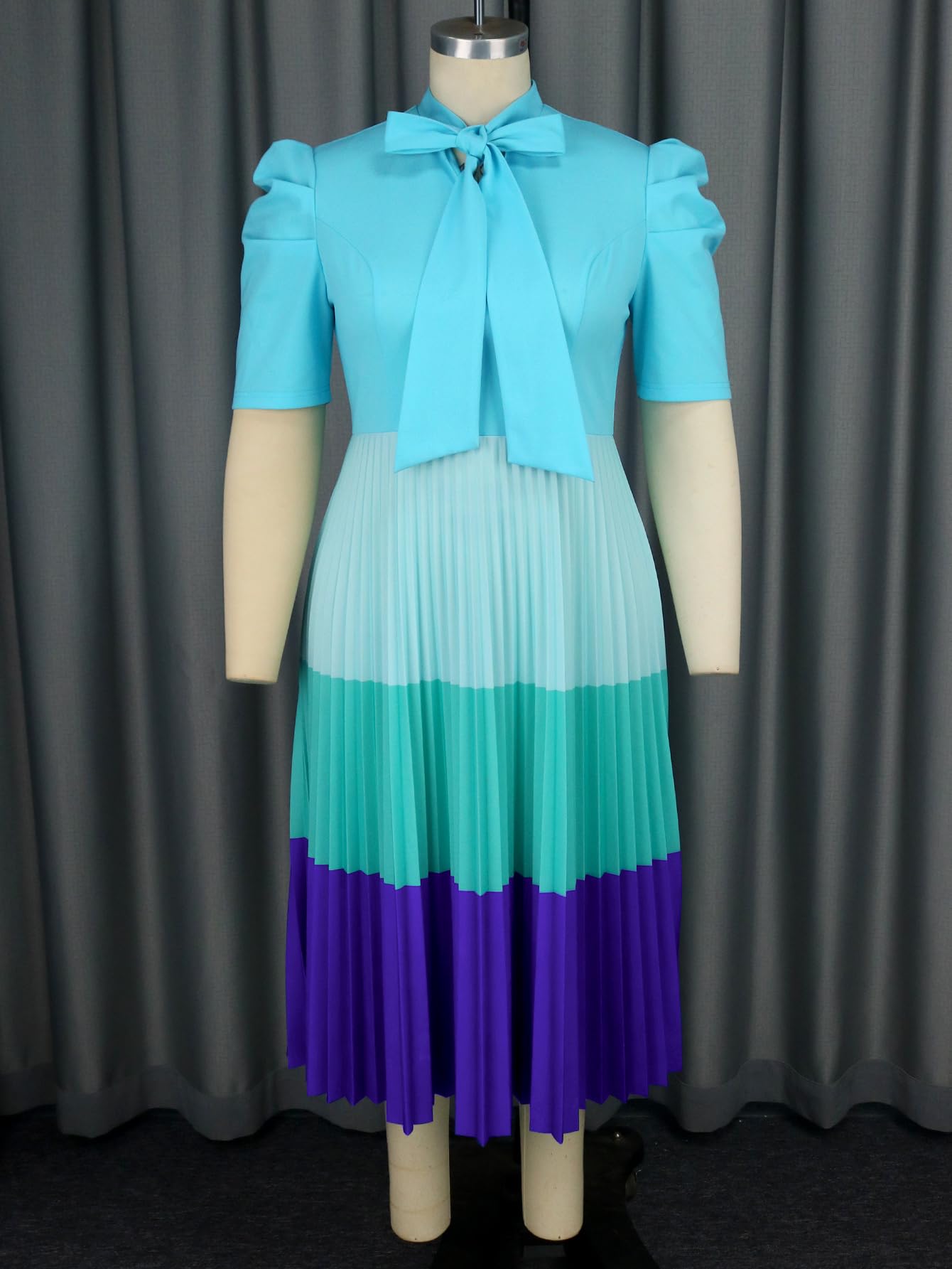 AOMEI Women's Blue Colorblock Bowtie Neck Half Sleeve Pleated A-Line Midi Dress - Elegant Office Wear & Summer Party Cocktail Dress
