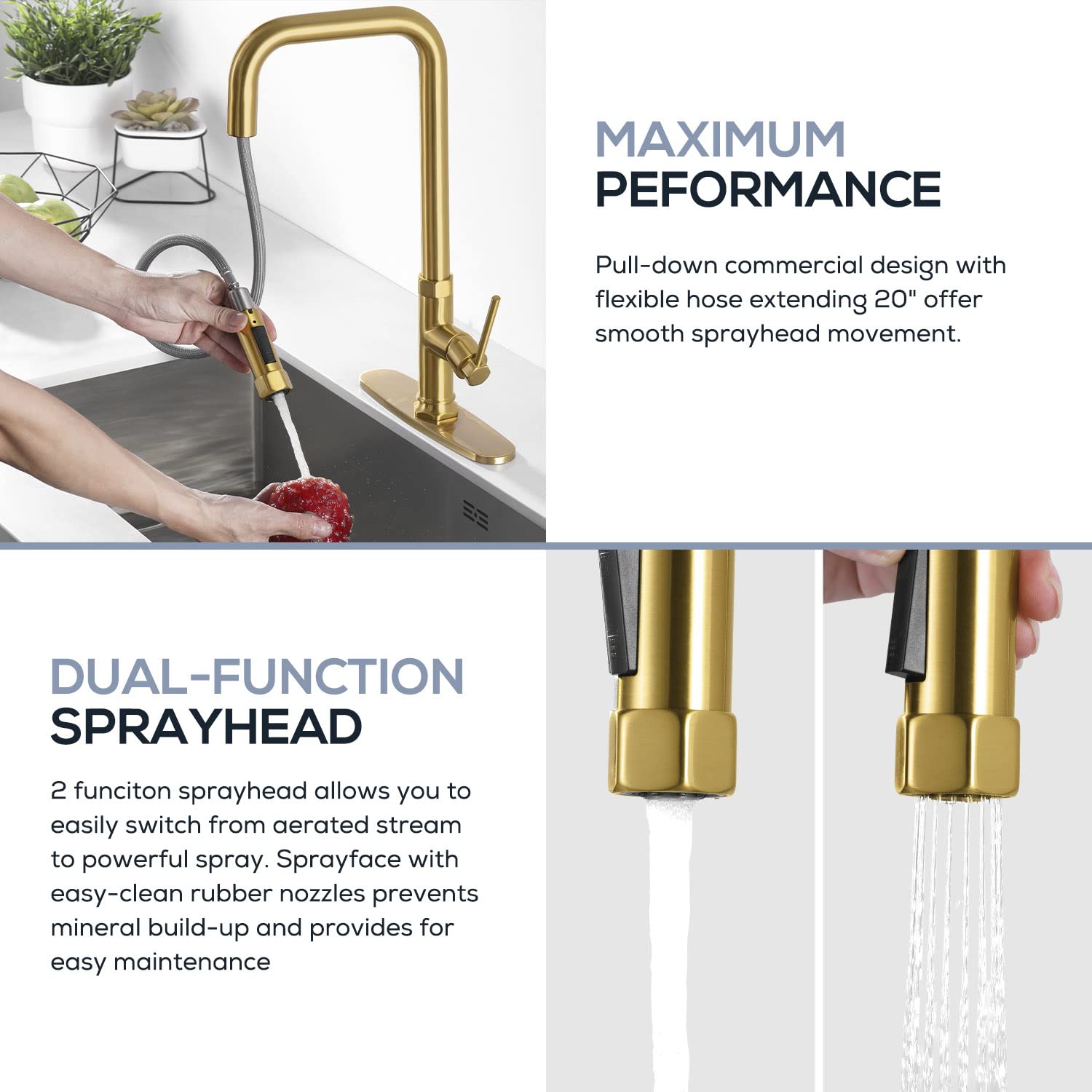 Modern Gold Kitchen Faucet with Pull Down Sprayer - Single Handle Brass Sink Faucet for 1 or 3 Hole Installation - Deck Plate Included - Perfect for Contemporary Kitchens & Bar Sinks