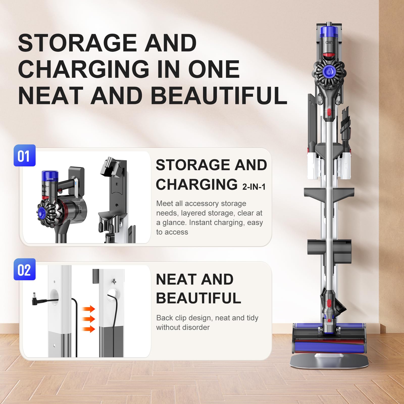 Dyson V15 V12 V11 V10 V8 V7 V6 Vacuum Stand - Aviation Aluminum Alloy Bracket for All Handheld Cordless Vacuum Cleaners | Hidden Power Cord Design | Perfect for Home, Office & Car Organization
