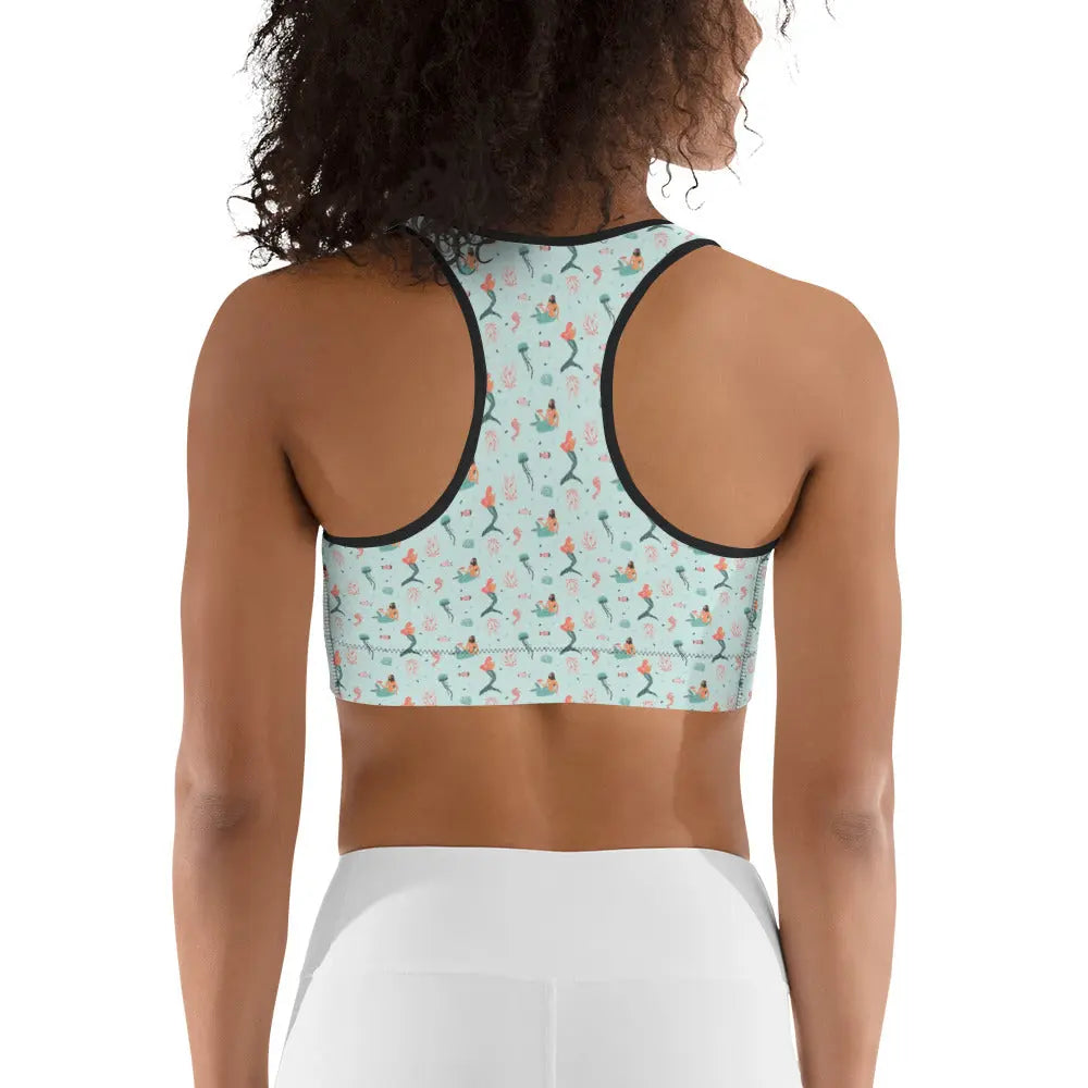 High Support Sports Bra for Women - Mermaid Sea Print Gym Workout Top - Perfect for Yoga, Running & Fitness Training