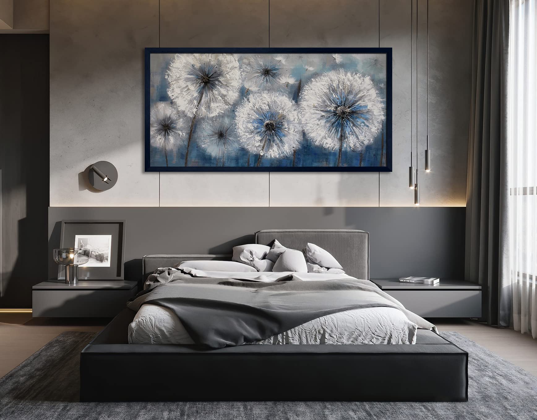 Blue Dandelion Canvas Wall Art - Large Framed Modern Flower Painting (29x58 Inches) for Living Room, Bedroom Decor - Perfect Above Bed, Sofa or Office Wall Decor