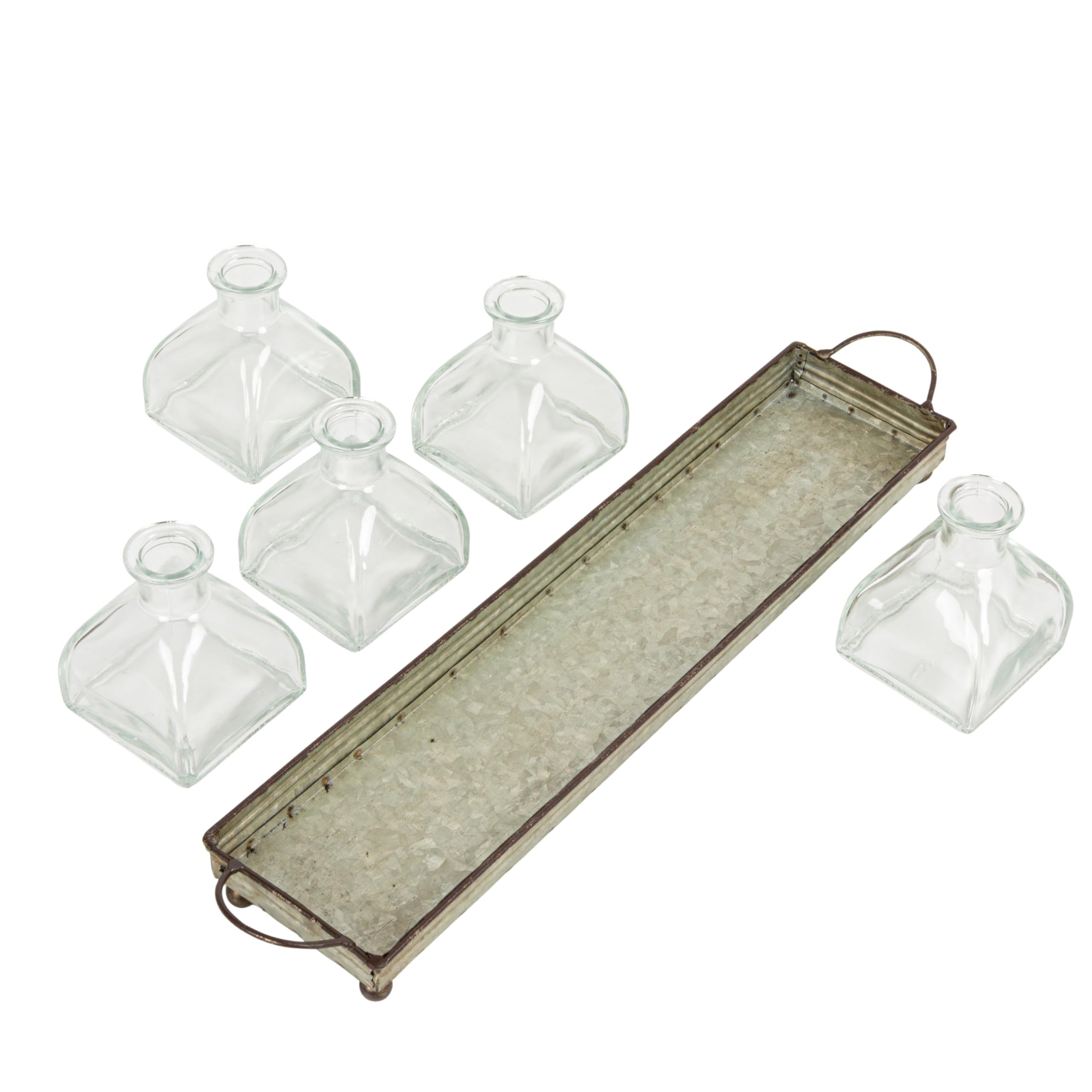 Decorative Iron Rectangle Serving Tray with Handles & 5 Glass Vases - Perfect for Dining Table Centerpiece, Wedding Decor, and Home Organization