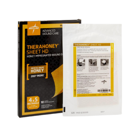 TheraHoney HD Medical Grade Honey Wound Dressings 4x5 Inches - Box of 10 Sterile Wound Care Bandages for Burns, Ulcers & Post-Surgery Healing