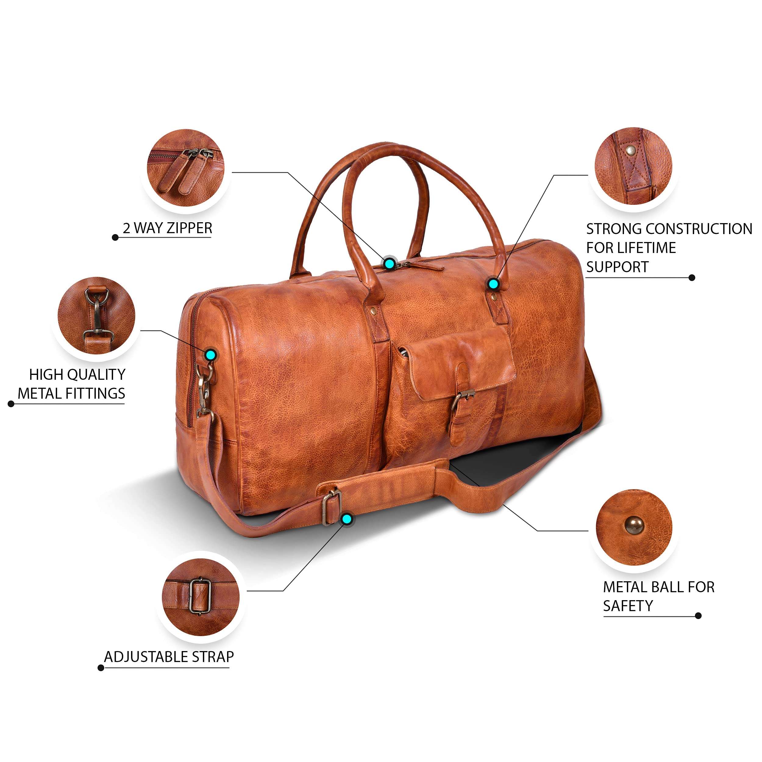 Genuine Leather Weekender Bag for Women & Men - Oversized Travel Duffel Carry On Overnight Bag - Perfect for Gym, Business Trips & Weekend Getaways (Tan Wash)