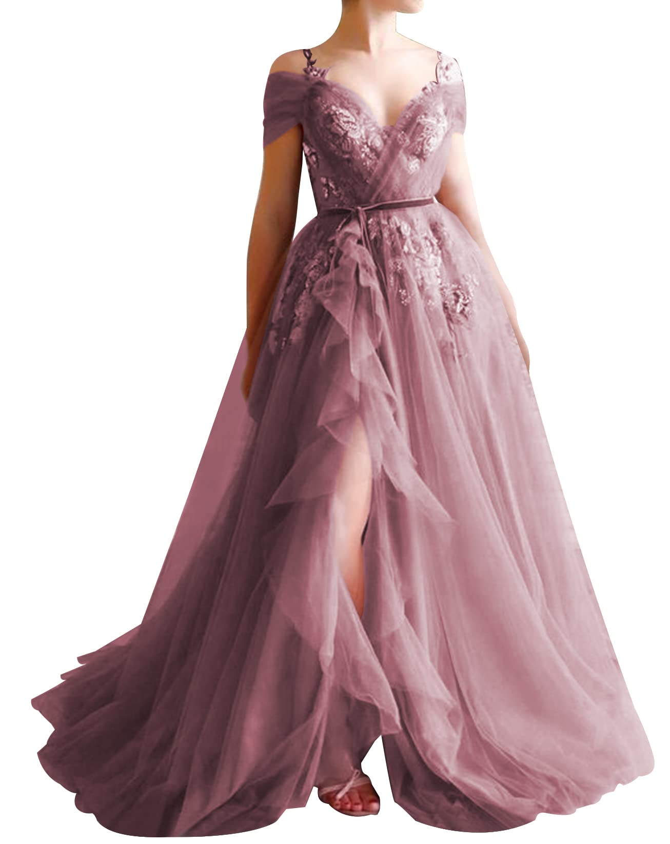 Elegant Off The Shoulder Tulle Prom Dress with V Neck & Split - Formal Evening Gown for Homecoming, Prom Night & Special Occasions