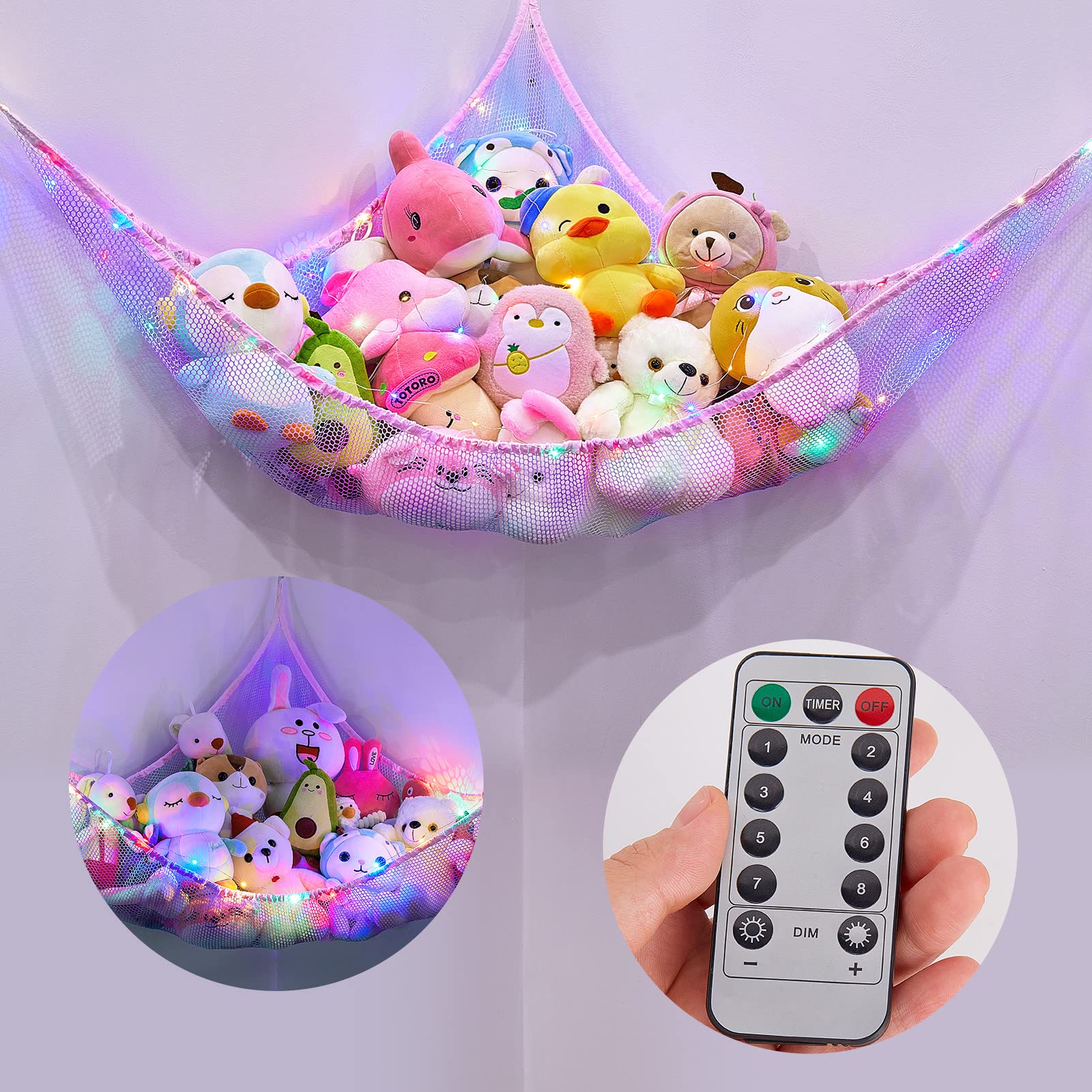 **Basumee LED Stuffed Animal Hammock with Remote Control - 8 Color Changing Lights, Hanging Toy Storage Net for Kids Room & Nursery - Perfect for Organizing Plush Toys, Stuffed Animals & Soft Toys**