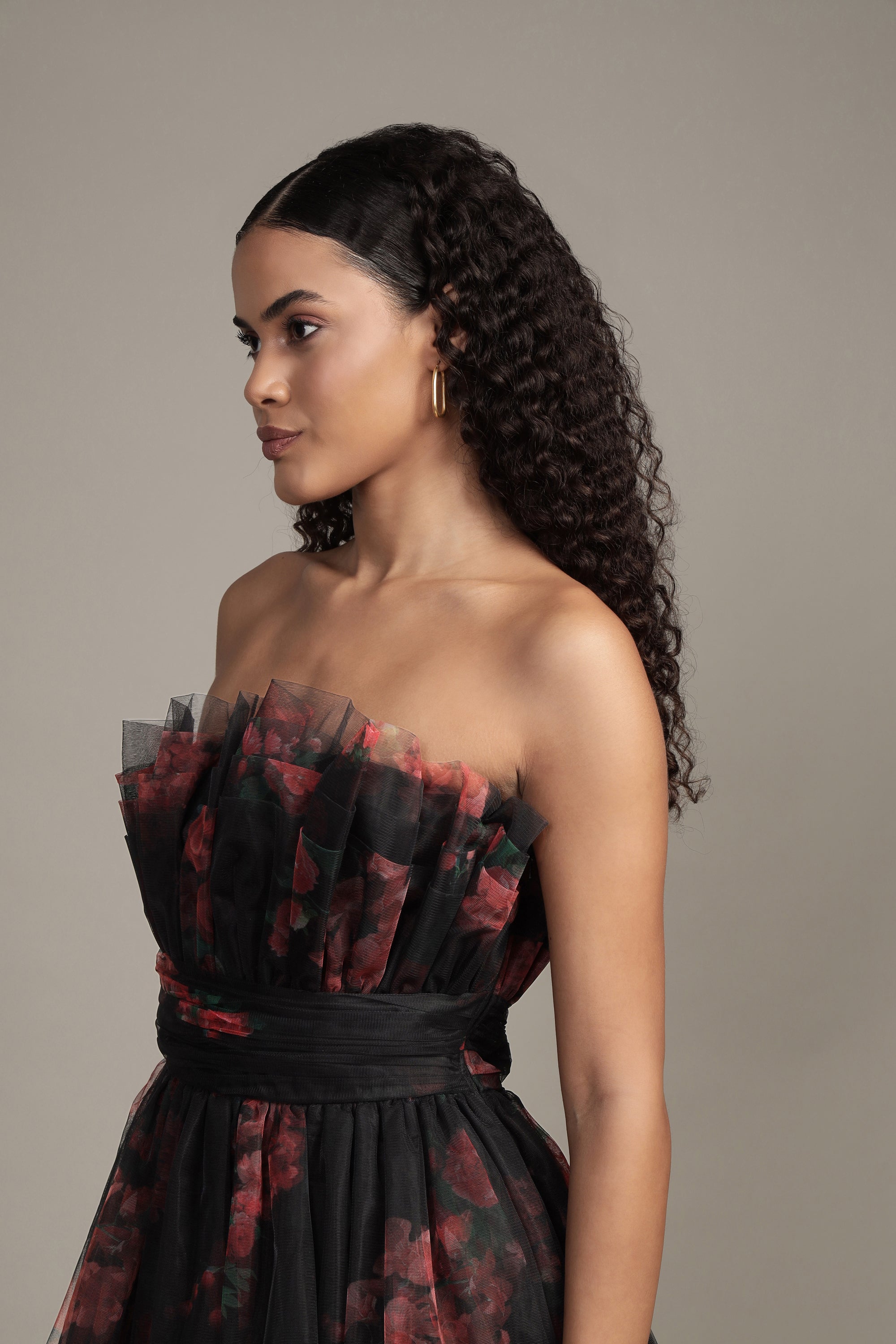Natalia Black and Red Floral Tulle Maxi Dress for Women - Elegant Evening Gown for Weddings, Parties & Special Occasions