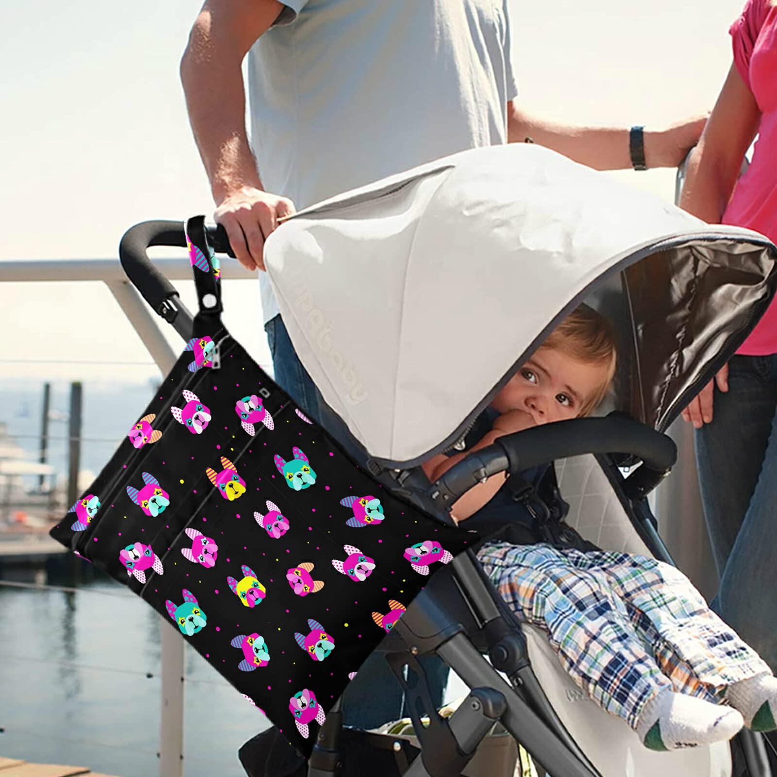 Colorful Bulldog Print 2-Piece Wet Bag Set with Zippered Pockets - Washable & Reusable Diaper Bag for Travel, Beach, Daycare | Perfect for Strollers, Gym Clothes, Swimsuits & Toiletries Organization