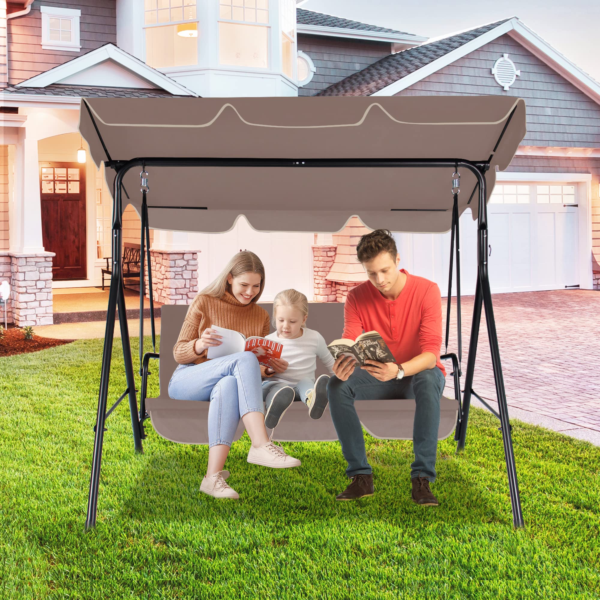 3-Seats Outdoor Patio Swing Chair with Adjustable Canopy & Sturdy Steel Frame - Heavy Duty Porch Swing for Adults, Removable Cushion - Perfect for Garden, Backyard, Balcony & Deck Relaxation (Brown)