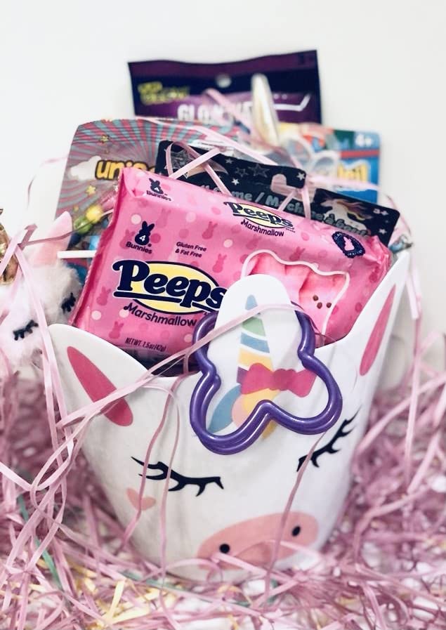 Happy Easter White Unicorn Basket - DIY Premade Easter Basket for Toddler Girls, Birthday Party Favors, Get Well Gifts, Candy Eggs Stuffers, Easter Decorations - Perfect for Easter Celebrations, Birthday Parties, and Gift Giving