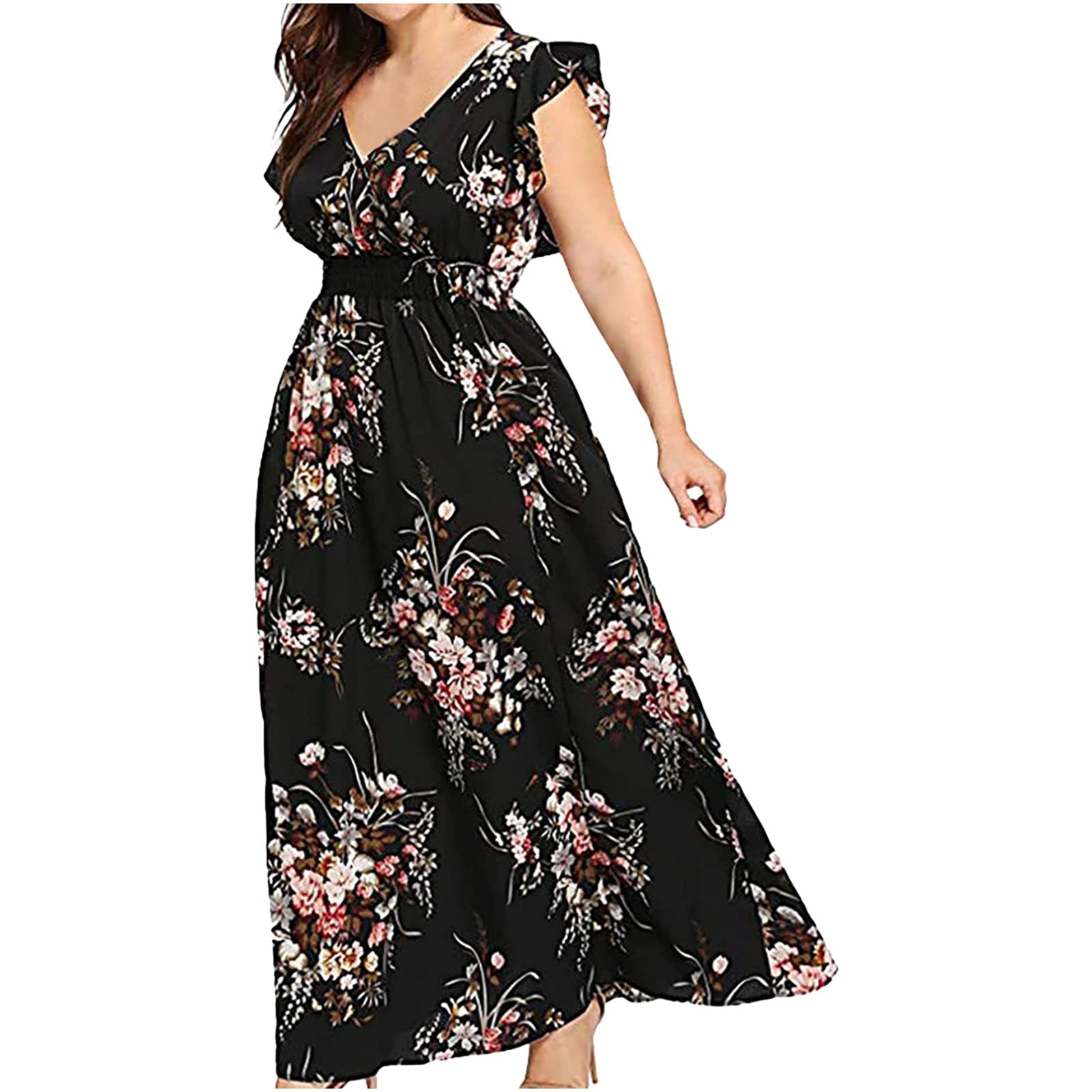 Floral Print Summer Maxi Dress for Women - Sexy Hollow Out Plus Size Sundress with Puffy Split Design | Perfect for Beach Vacations, Date Nights & Outdoor Parties