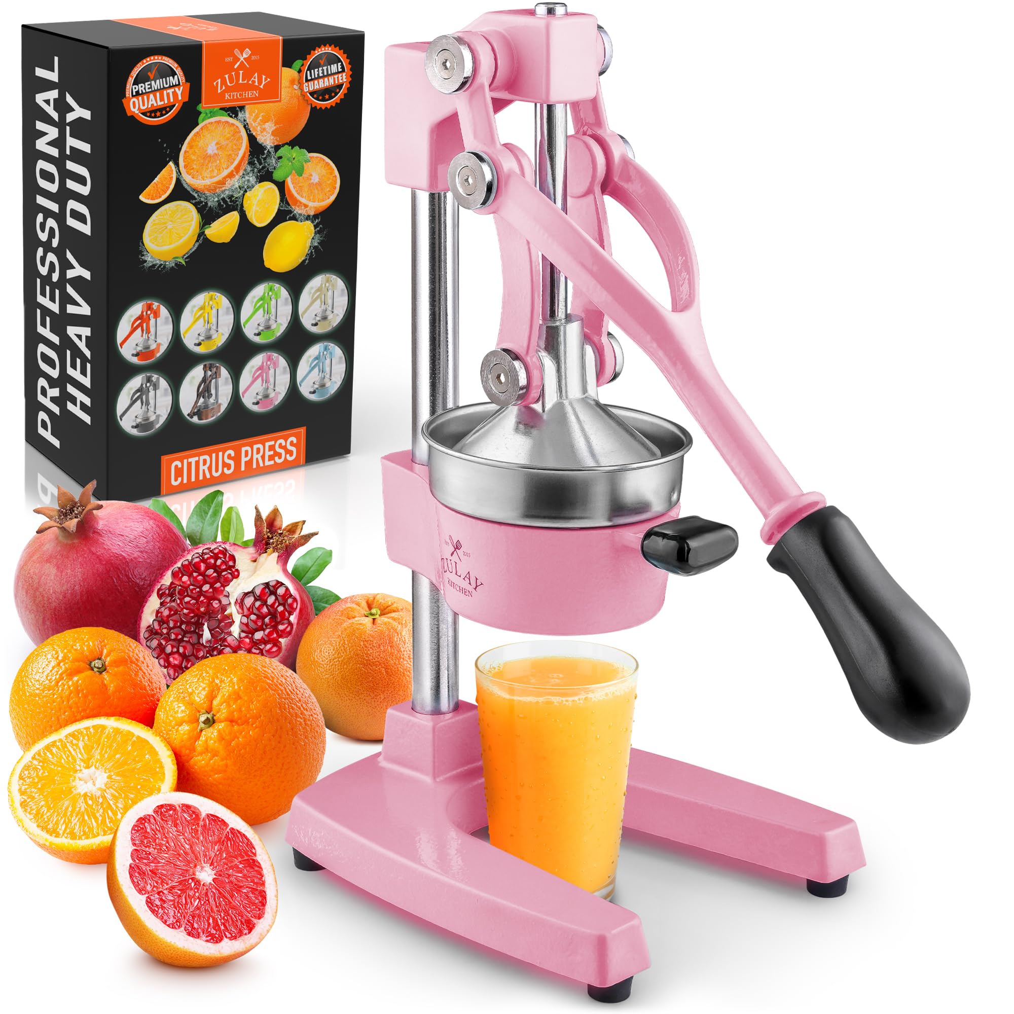 Zulay Kitchen Heavy Duty Cast Iron Orange Juice Squeezer - Professional Stainless Steel Citrus Juicer for Lemon, Lime & Grapefruit - Easy to Clean Manual Citrus Press with Sturdy Base - Perfect for Bars, Restaurants & Home Kitchen (Pink)