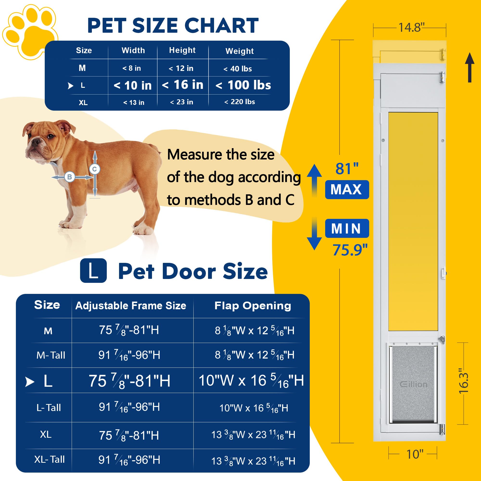 Heavy Duty Large Dog Door for Sliding Glass Doors - Adjustable 75 7/8