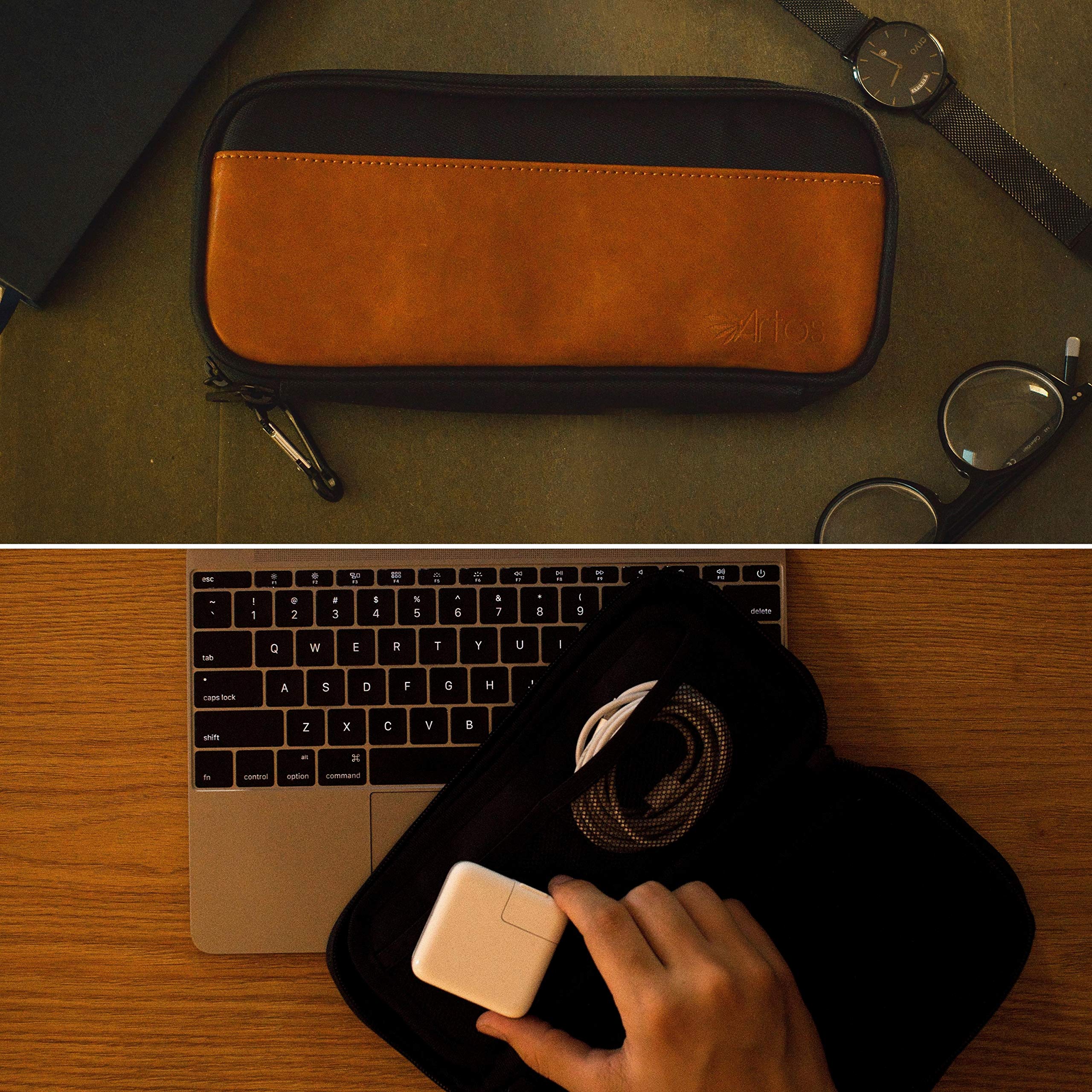 Premium Leather Electronic Organizer Travel Case - Cable Storage Bag & Tech Pouch for Chargers, Cords & Travel Essentials | Perfect for Business Trips, Daily Commute & Work Organization