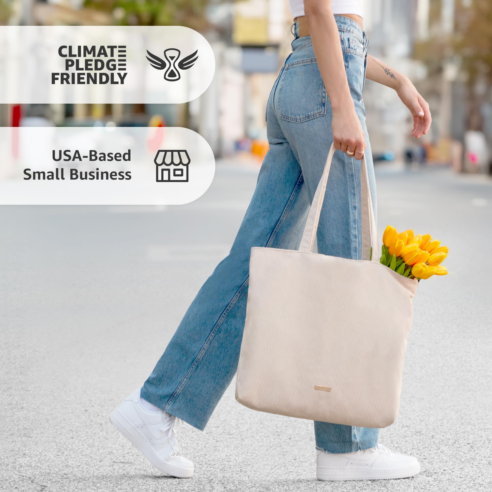 VANDEL Corduroy Tote Bag with Zipper & Inner Pockets for Women & Men - Stylish School & Work Tote for Laptop, Books & Daily Essentials | Durable & Fashionable Carryall for College, Office & Travel