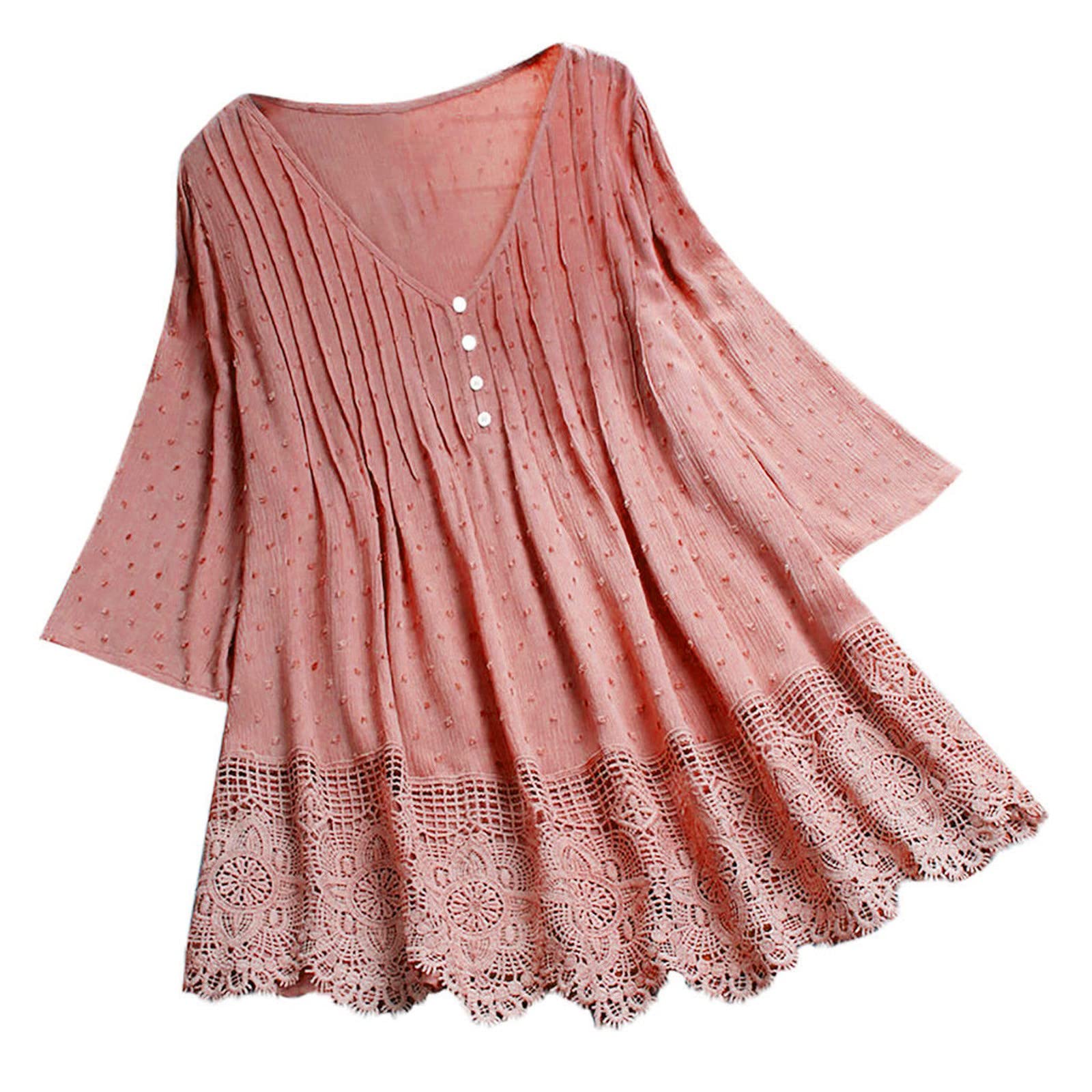 Vintage Lace V-Neck Three Quarter Sleeve Plus Size Women's Top - Casual Blouse for Tennis, Work & Everyday Wear