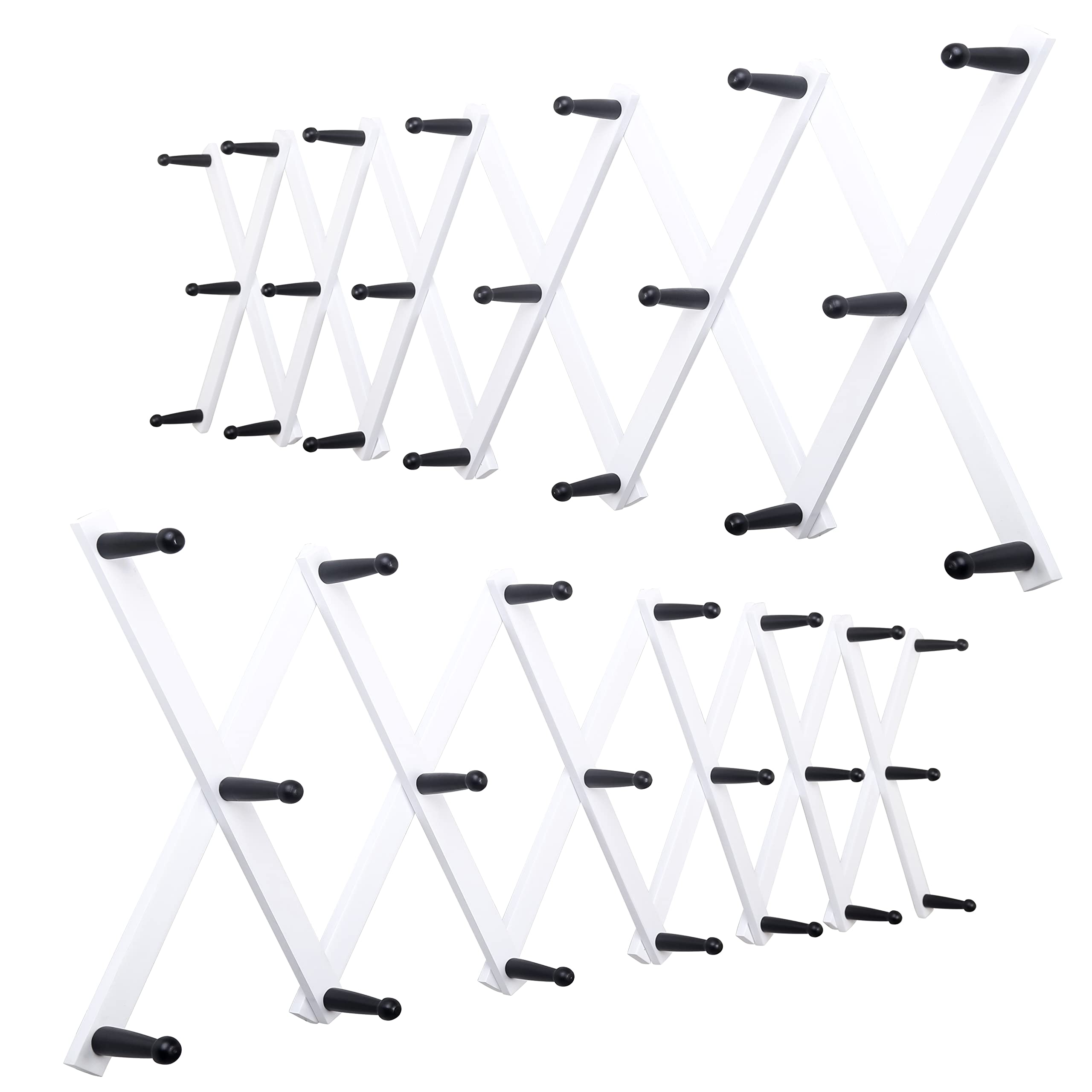 WEBI Expandable Wooden Coat Rack & Hat Hanger - 20 Peg Hooks for Wall Mounting (Black/White, 2-Pack) - Perfect for Entryway, Bedroom & Closet Organization