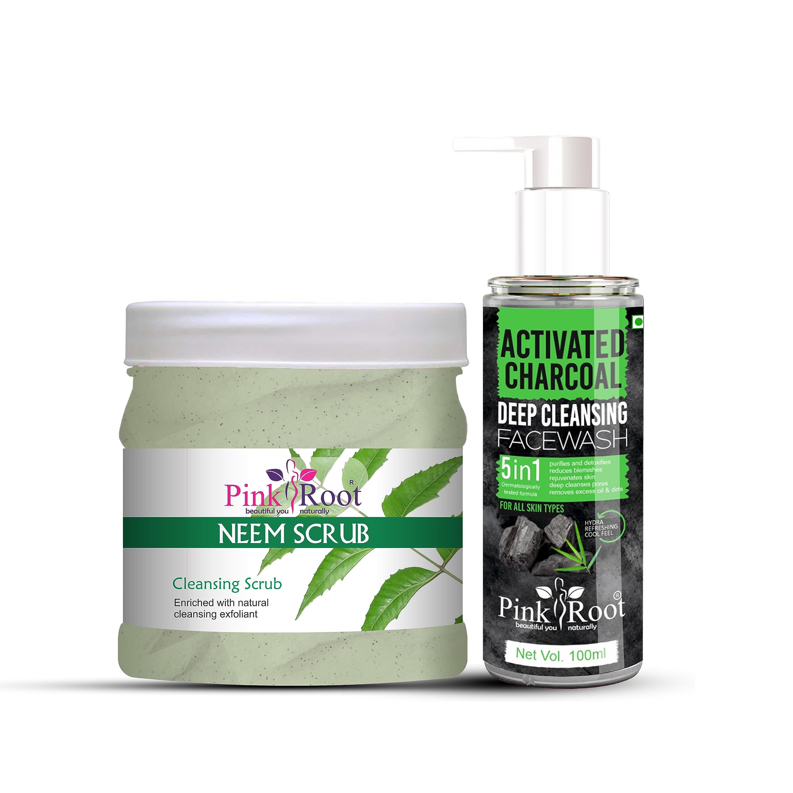 Pink Root Activated Charcoal Face Wash & Neem Scrub 100ml - Deep Cleansing & Exfoliating for Acne-Prone Skin | Natural Skincare for Daily Face Cleansing Routine | Perfect for Oily & Combination Skin Types