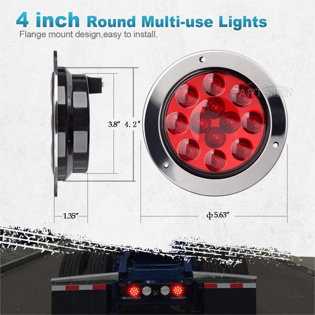 Partsam 10Pcs Red 4 Inch Round LED Trailer Tail Lights - 12LED Flange Mount, Stainless Steel Chrome Bezel, Waterproof Stop/Turn/Brake Lights - Replacement for Trucks, RVs, Trailers (12V) - Perfect for Heavy Duty Vehicles, Campers & Marine Applications