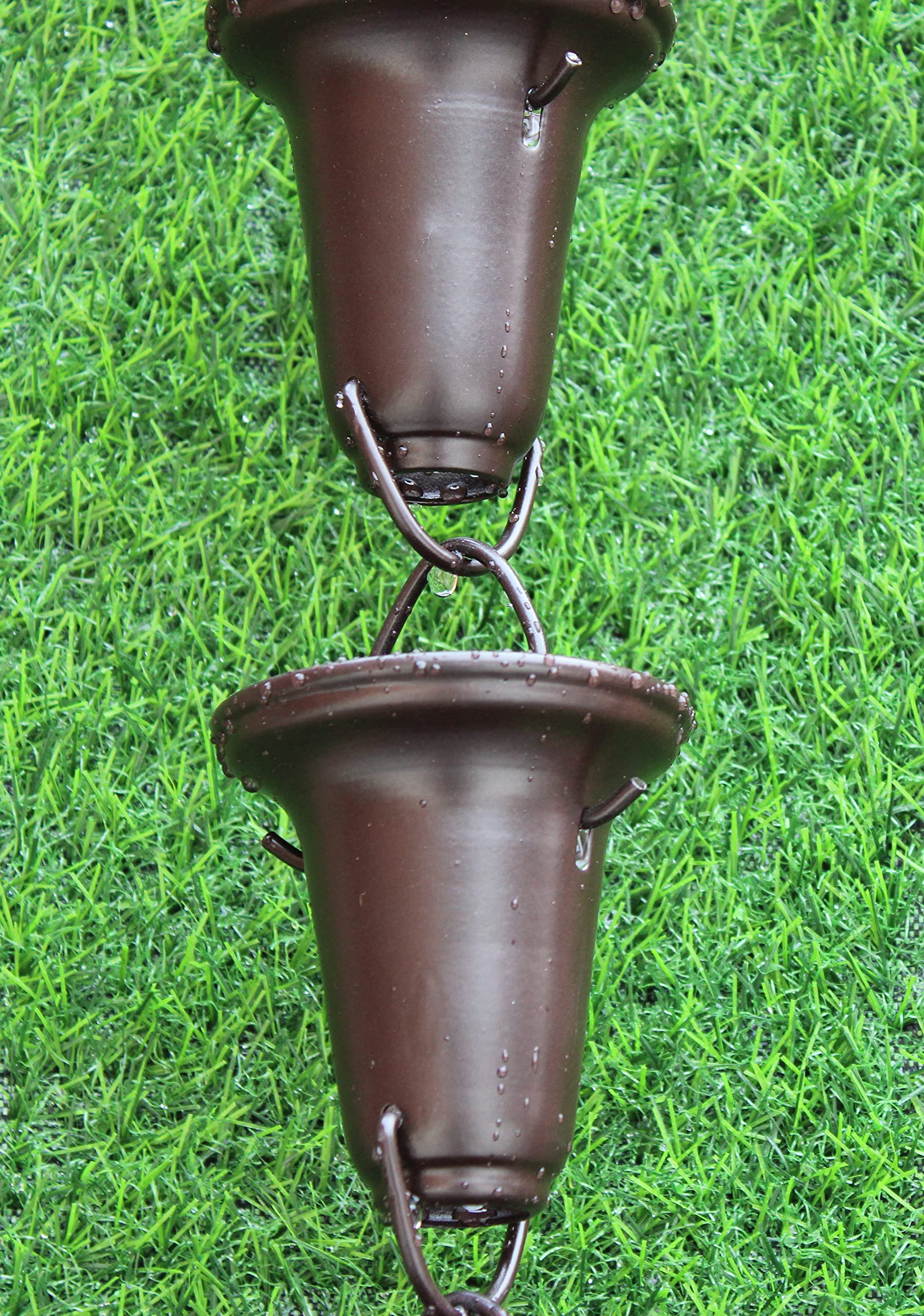 KAM Home Flared Cups Rain Chain with Brass Bolt Gutter Adapter - 8.5 Inch Brown Copper Finish for Easy Downspout Installation | Perfect for Garden Drainage, Patio Decor & Eco-Friendly Water Collection