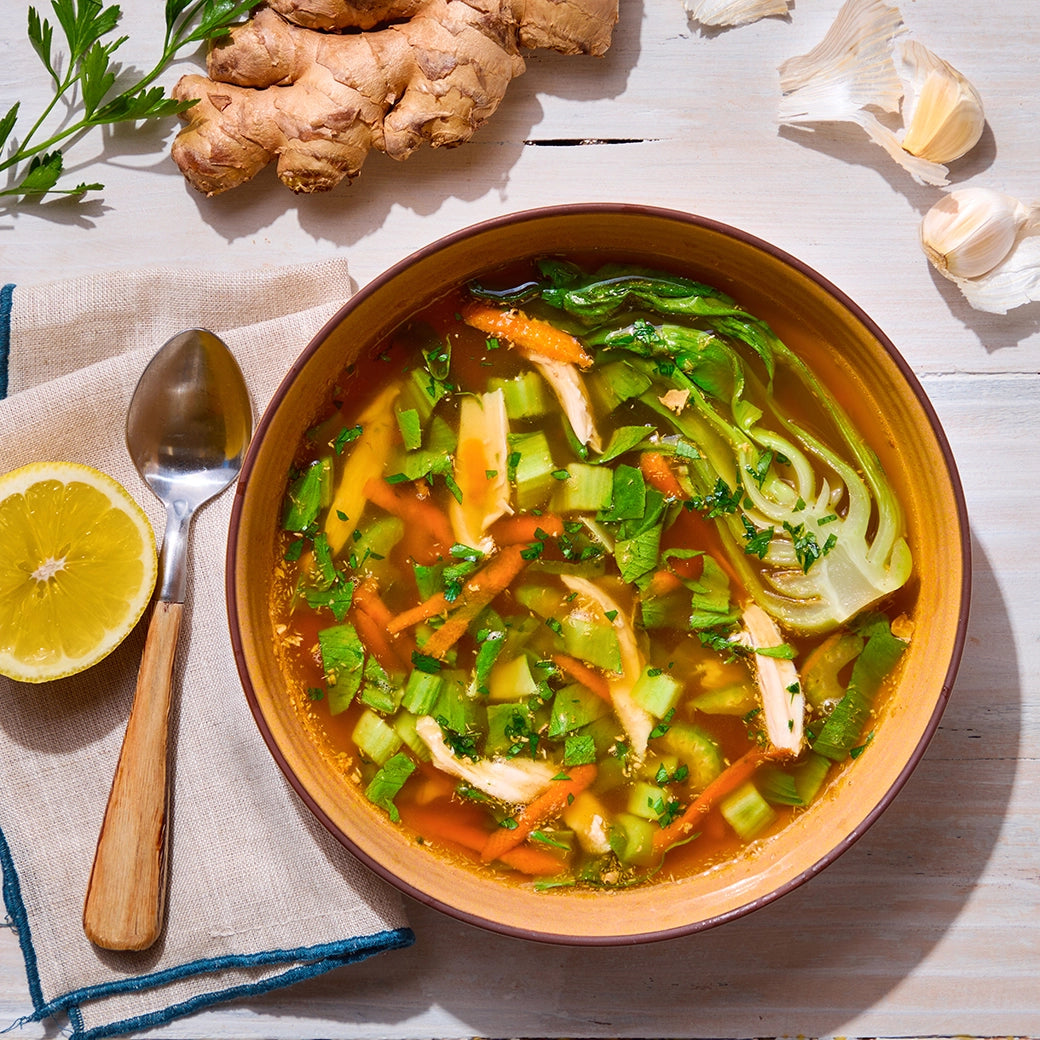 Organic Chicken Soup with Ginger & Garlic - Immune Boosting, Homemade Flavor - Perfect for Cold Relief & Comfort Food