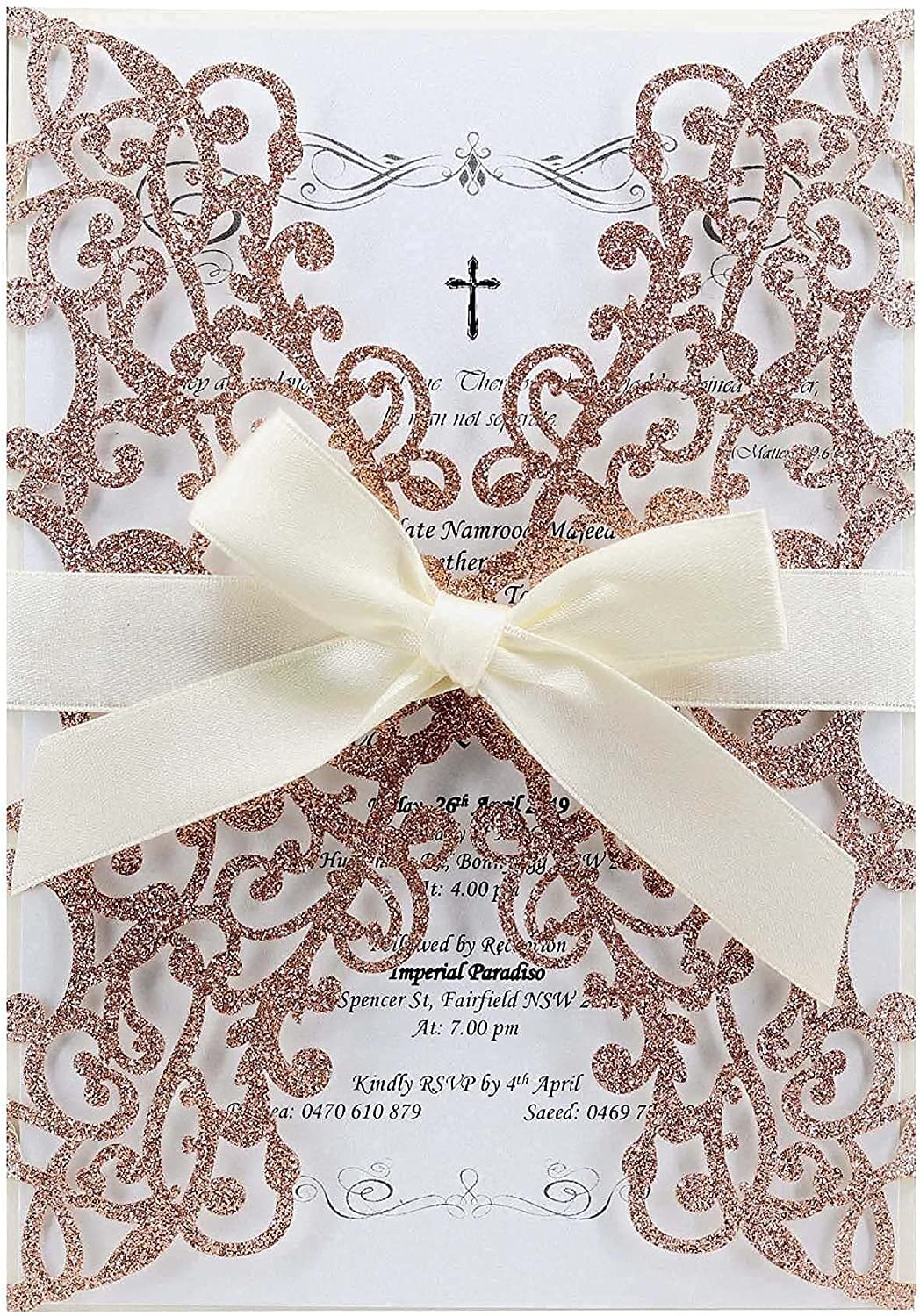 25PCS Rose Gold Wedding Invitations Set - Elegant Laser Cut Floral Design with Gold Powder, Blank Inner Sheets, Envelopes & Ribbons for Wedding, Engagement, Bridal Shower Parties | Perfect for Formal Events & DIY Invitations