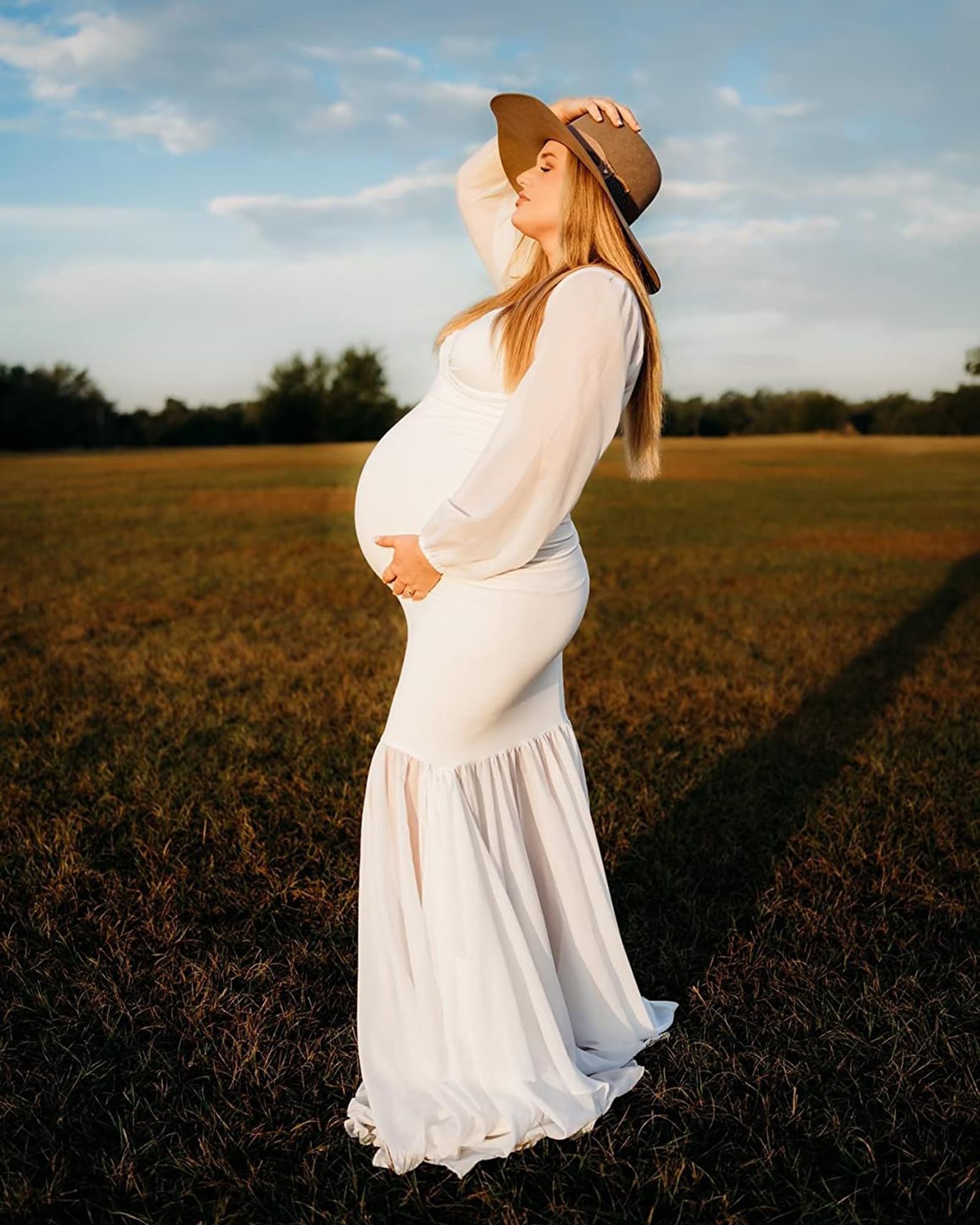 Saslax Elegant Long Sleeve Chiffon Mermaid Maternity Dress for Photoshoot, Baby Shower, Pregnancy Photos, and Special Occasions