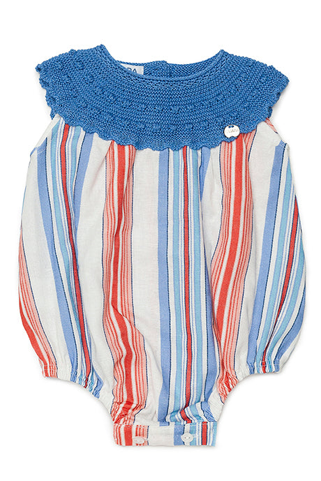 Hayden Dusky Blue & Red Half Knit Striped Romper for Women - Casual Summer Outfit, Beachwear, and Vacation Dress