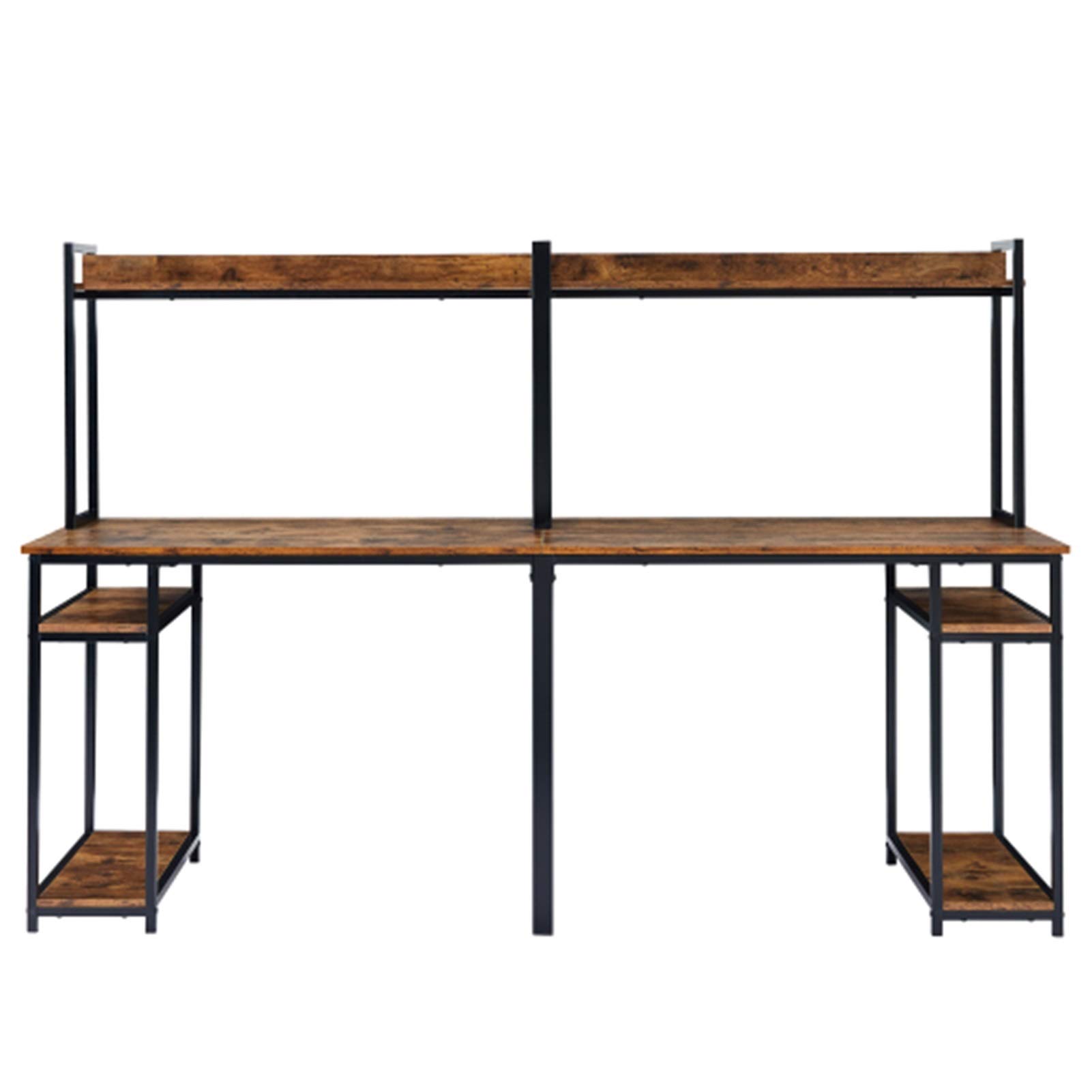 **Brown Double Workstation Desk with Shelves & Storage - Spacious Home Office Computer Desk for Two, Multifunctional Writing & Study Desk - Perfect for Shared Workspaces & Small Offices**