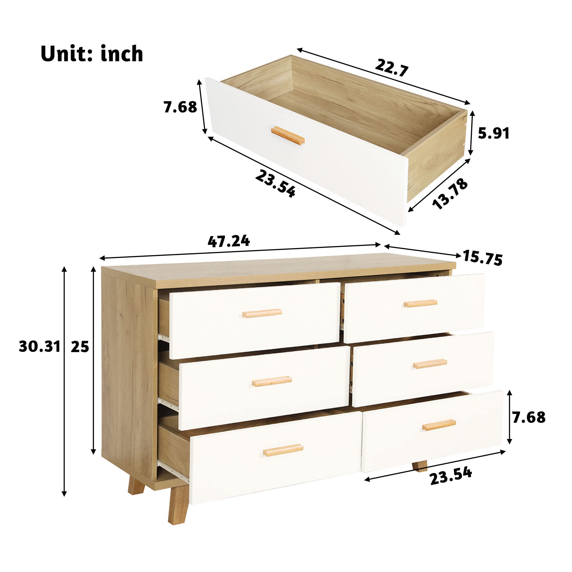Modern 6-Drawer Wooden Dresser for Bedroom & Living Room - Natural White & Brown Chest of Drawers | Perfect for Bedroom Storage & Living Room Organization