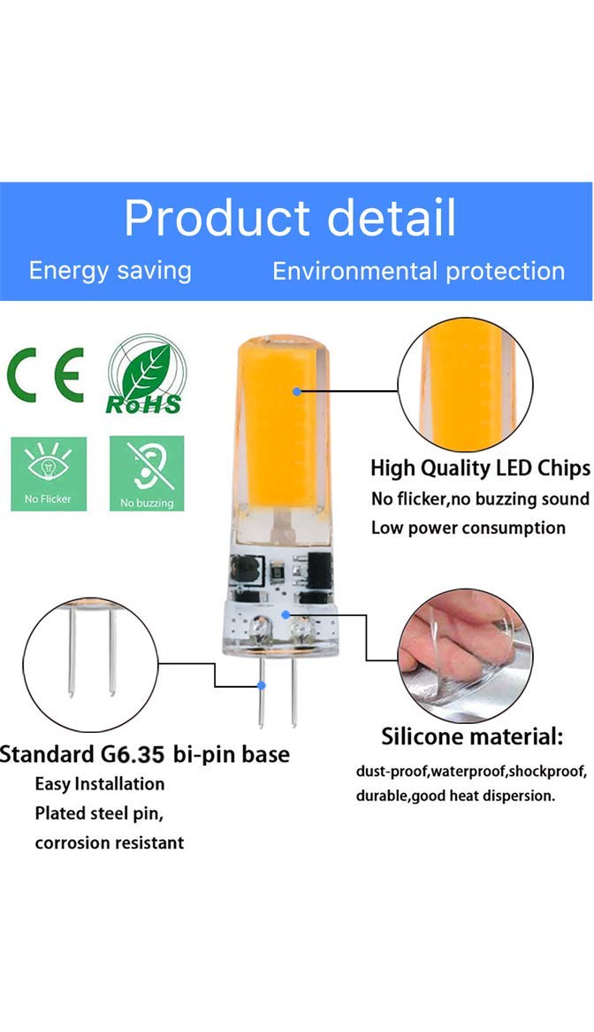 Dimmable 2W G6.35 GY6.35 LED Light Bulb 5 Pack - T3 T4 Bi-Pin S1911 AC10-24V/DC10-30V JC Type - Daylight White for Desk Lamps, Chandeliers, Accent & Landscape Lighting - Energy Saving Replacement Bulbs for Home & Office Use