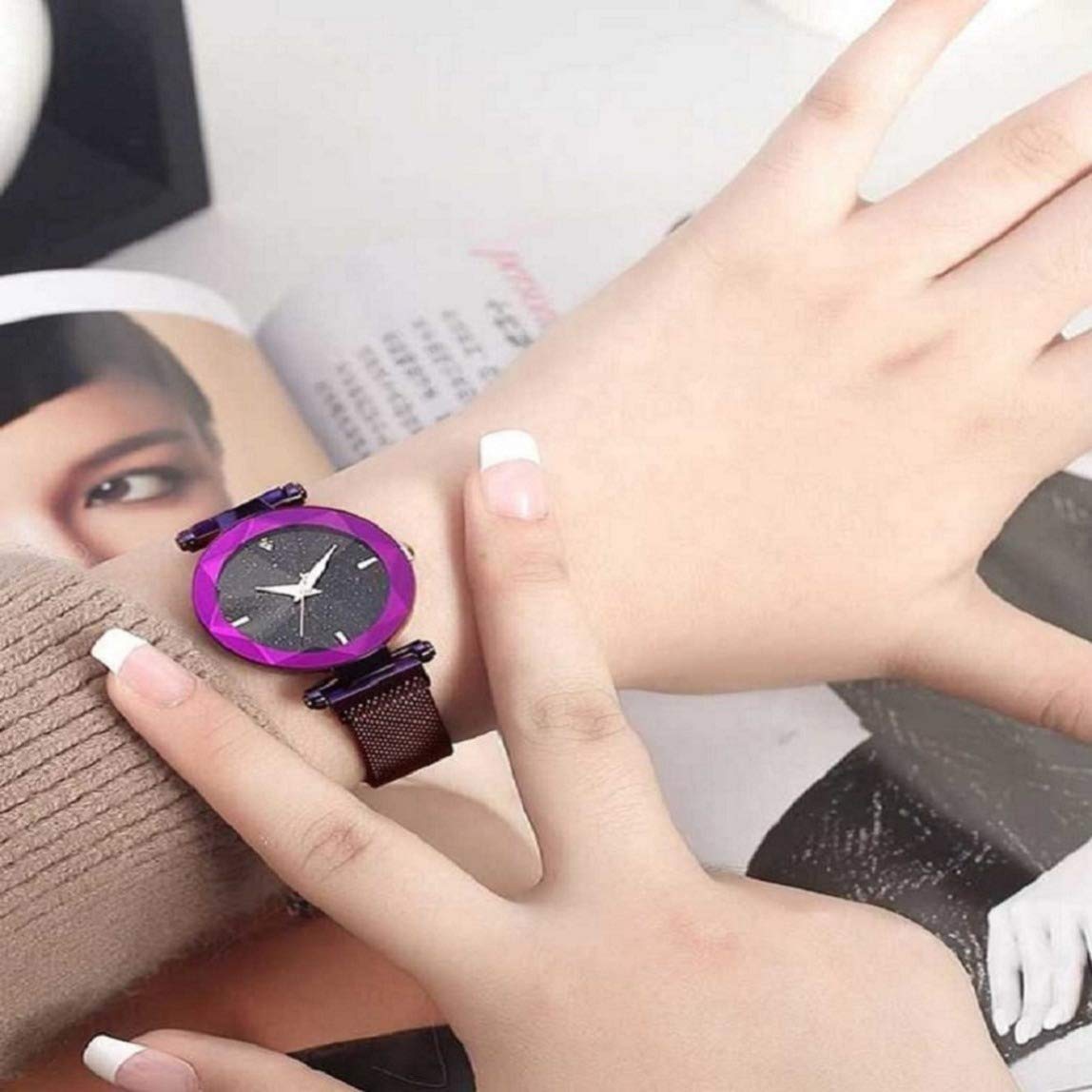Acnos® Premium 3, 6, 9 Line & 12 Diamond Purple Analog Magnetic Watch for Women & Girls - Stylish 21st Century Design - Perfect for Office, School & Casual Outfits (MGNT-Purple)