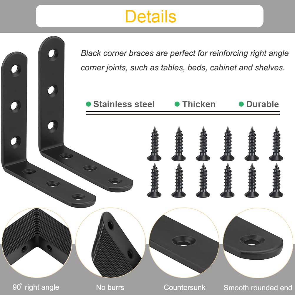 10Pcs Heavy Duty Stainless Steel L Bracket Corner Braces - 4 Inch Right Angle Shelf Brackets for Wood, Shelves & Wall Mounting (90 Degree Joint Support with Screws) - Perfect for Garage Storage, Closet Organizers & DIY Furniture Projects
