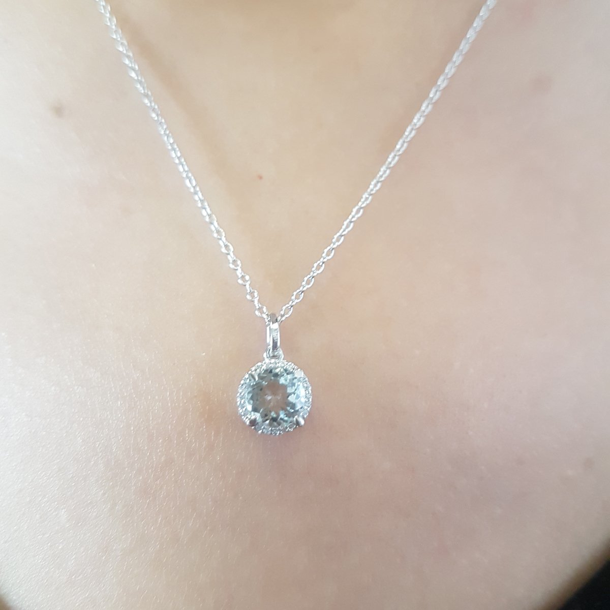 6.5mm Round Gemstone & White Diamond Women's Halo Pendant Necklace - 10K Solid White Gold with Silver Chain | Elegant Jewelry Gift for Anniversary, Birthday & Special Occasions
