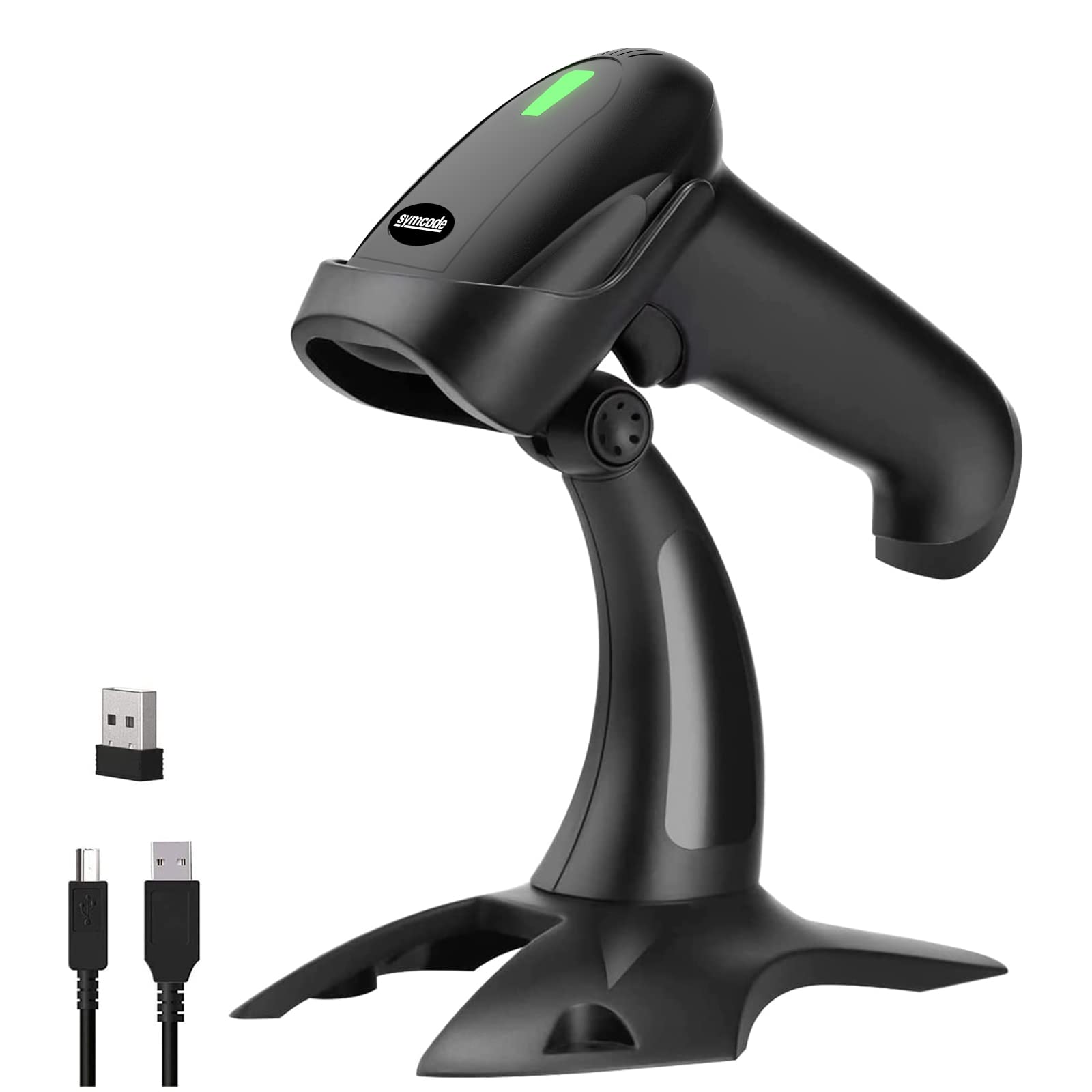 Symcode Wireless Barcode Scanner with Stand - 2-in-1 (2.4GHz Wireless + USB 2.0 Wired) Rechargeable Cordless 1D Barcode Reader for Retail, Warehouse & Inventory Management