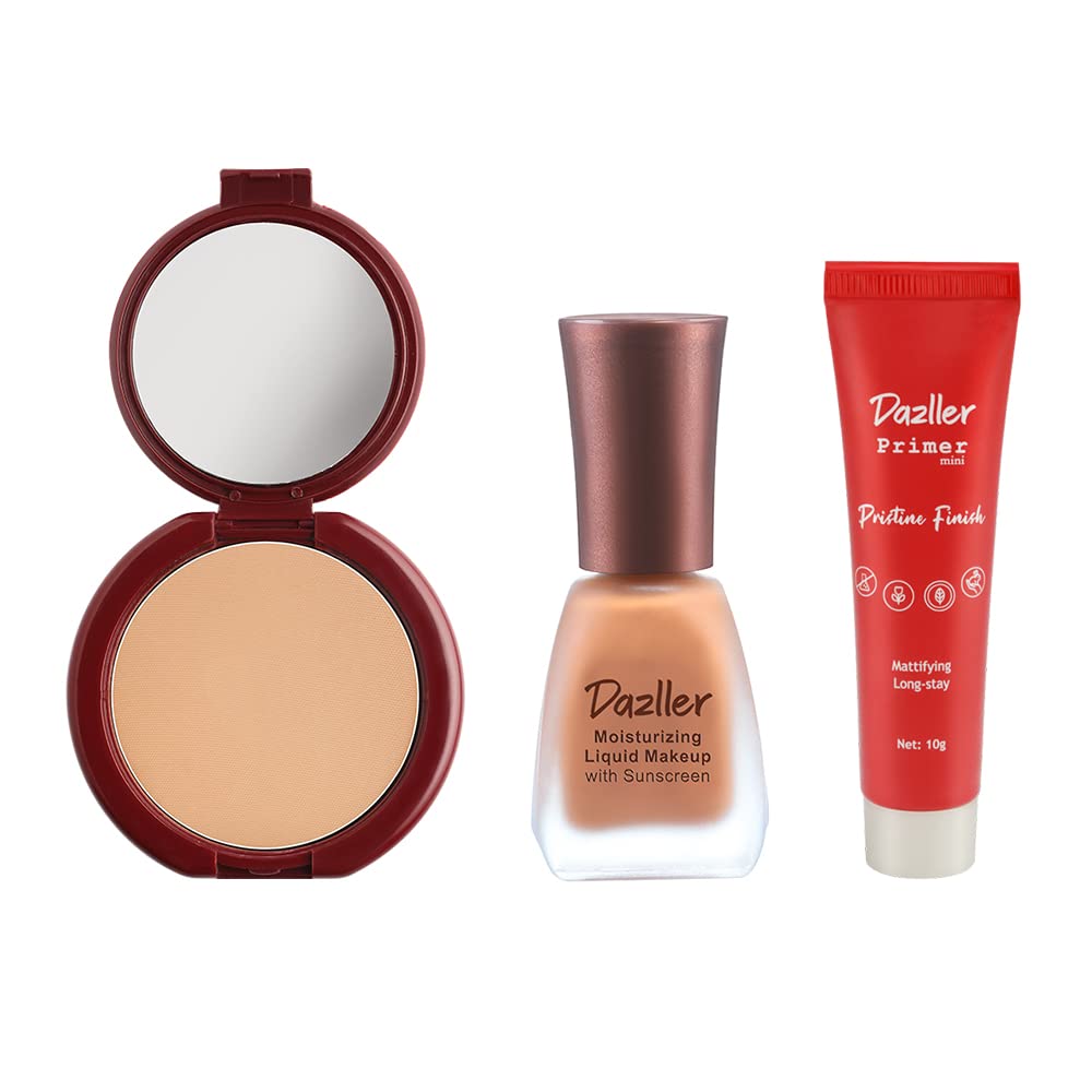 Dazller Face Makeup Essentials Kit - Soft Caramel R33 Foundation, Compact Powder & Primer Set | Moisturizing Liquid Makeup (12mL), Classique Powder (9g), Pristine Finish Primer (10g) | Lightweight, Long-Lasting, Natural No-Makeup Look | Perfect for Daily Wear, Office & Special Occasions