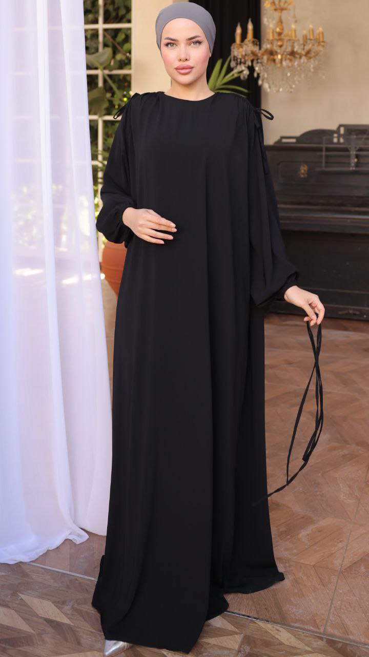Elegant Long Sleeve Gathered Shoulder Abaya Dress for Women - Modest Islamic Prayer Dress for Mosque, Eid & Special Occasions