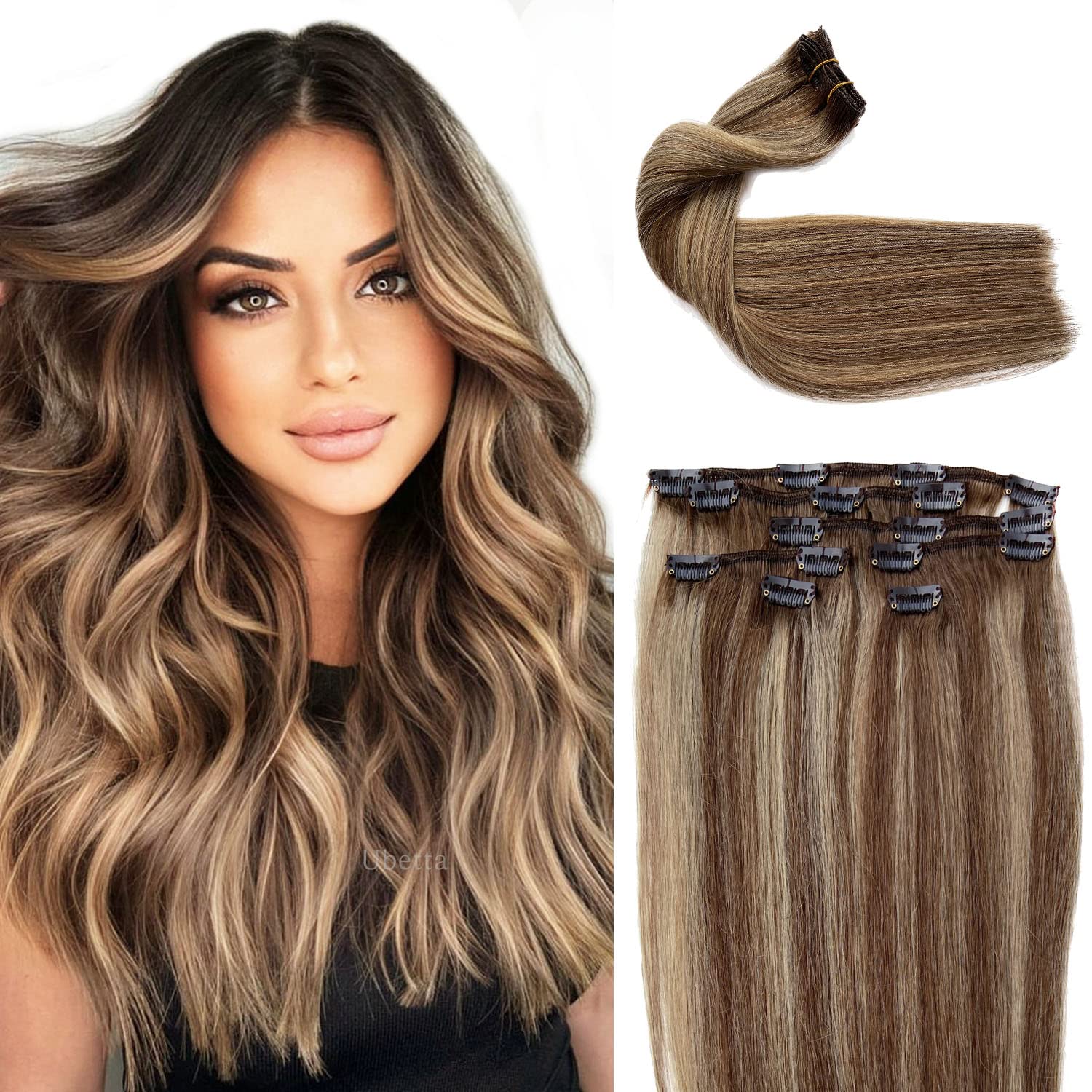 Clip in Hair Extensions 22 Inch - Ombre Brown to Chestnut Brown with Ash Blonde Highlights Balayage - 7pcs 70g Double Weft Straight Remy Human Hair - Natural Looking Hair Extensions for Women - Perfect for Daily Wear, Parties & Special Occasions