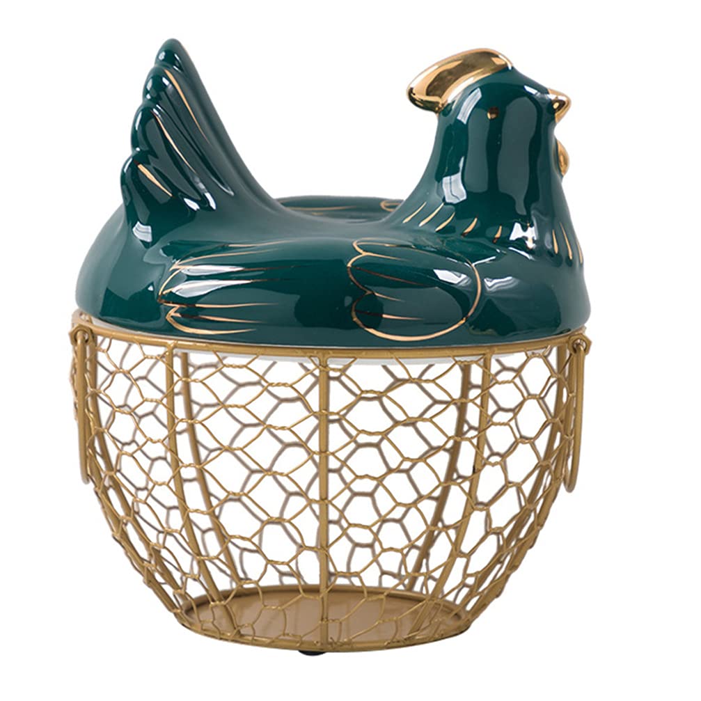 Stainless Steel Wire Egg Basket with Ceramic Chicken Lid - Farmhouse Egg Storage Organizer for Kitchen Counter, Pantry & Countryside Breakfast Display
