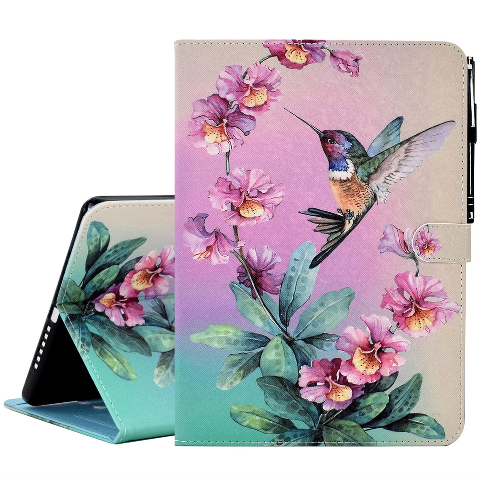 Premium PU Leather Folio Stand Case for iPad 9.7 Inch (6th/5th Gen 2018/2017, iPad Pro 9.7, iPad Air 2/Air 1) with Auto Sleep/Wake - Cute Hummingbird Design - Perfect for Work, School & Travel Protection