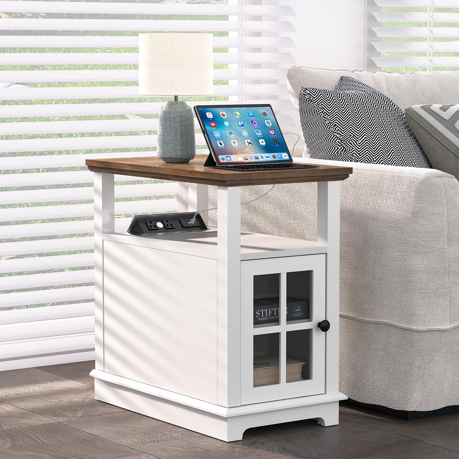 HIFYOBRO Narrow End Table with Flip Top Charging Station - White Side Table with Adjustable Shelf & Power Outlets - Nightstand with Storage for Living Room, Bedroom - Perfect for Small Spaces & Device Charging