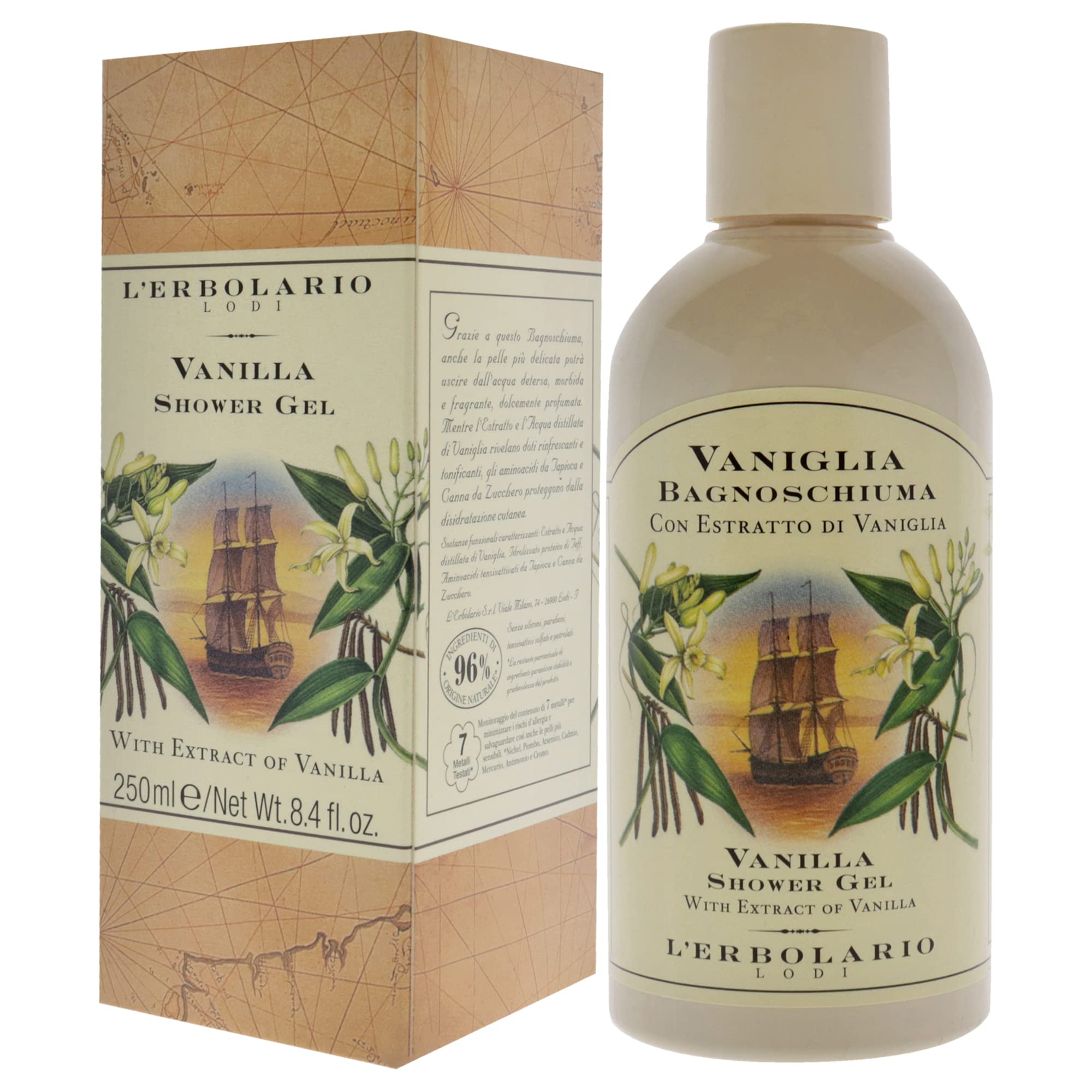 LErbolario Vanilla Shower Gel for Men & Women - 8.4 oz Moisturizing Body Wash for Dry Skin - Perfect for Daily Shower & Spa Relaxation at Home