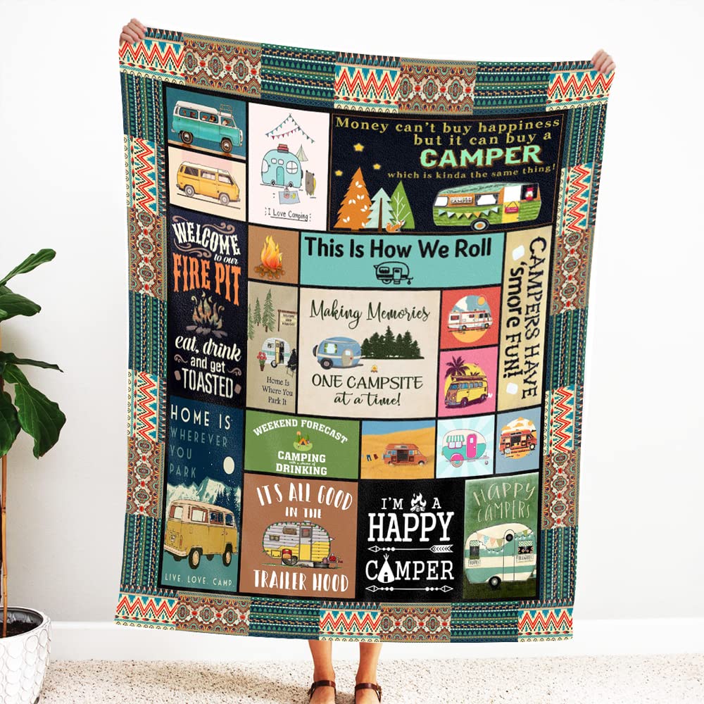 Ultra-Soft Camper Blanket - Microfiber Plush Camping Blanket for Men & Women | Perfect Gift for Dad, Happy Camper Decor | Ideal for Outdoor Camping, Picnics, and Cozy Living Room Use